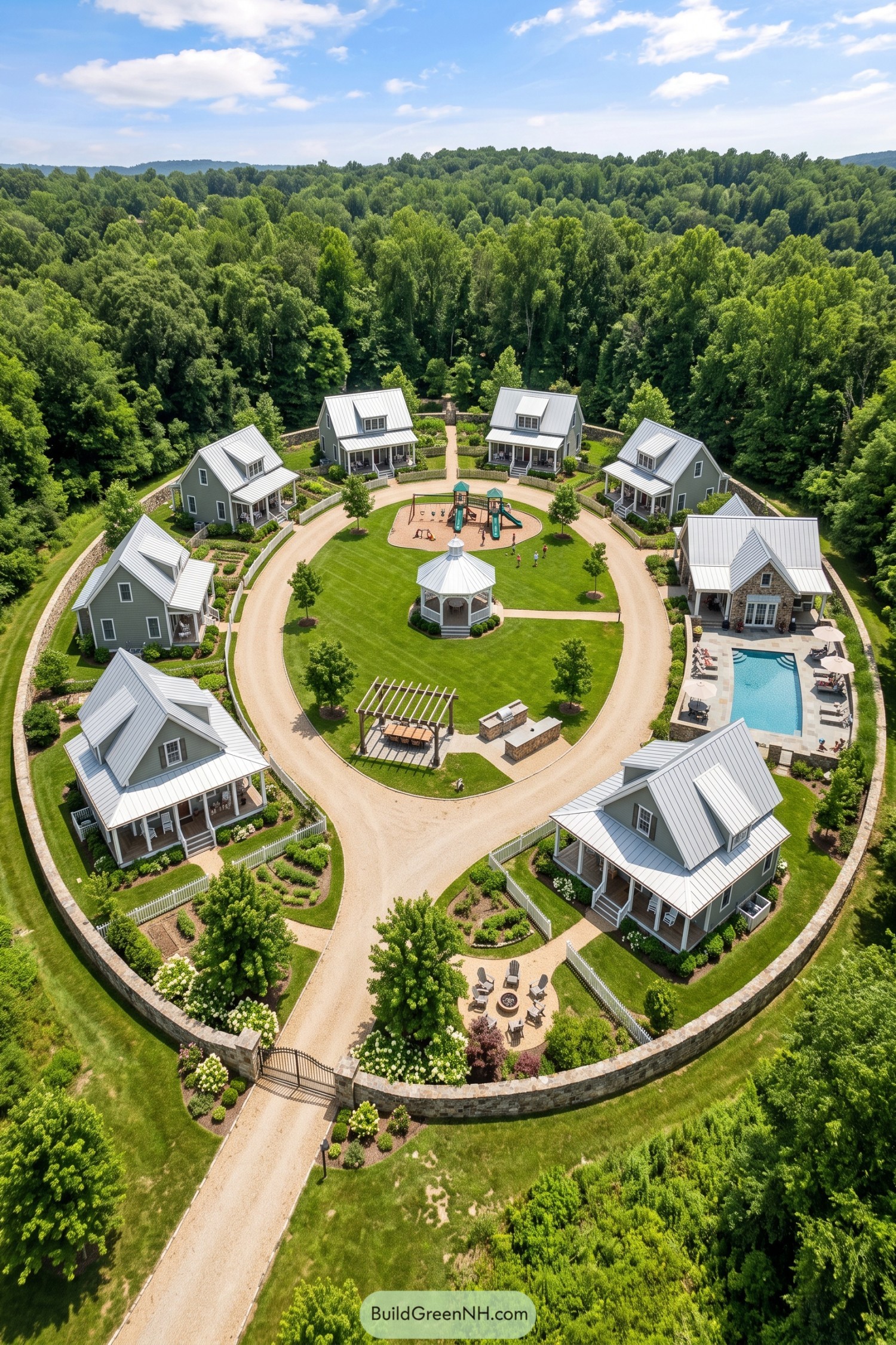 A circular cottage village with a central green