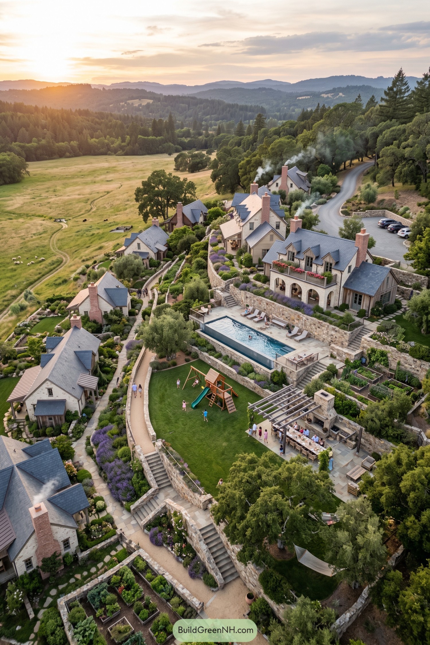 Stone cottage village with shared pool gardens and terraces