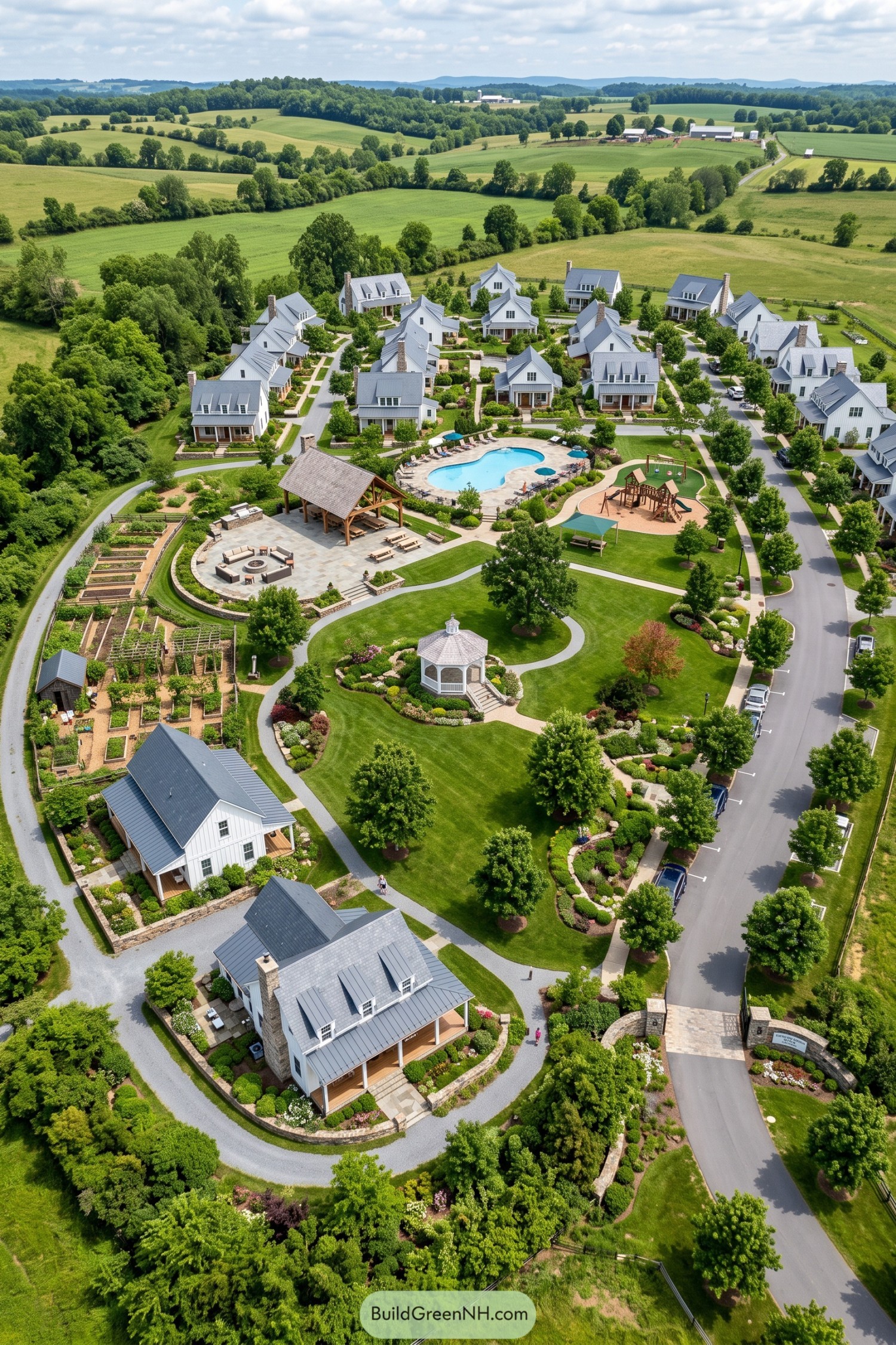 Aerial view of cottage village with gardens pool and gazebo