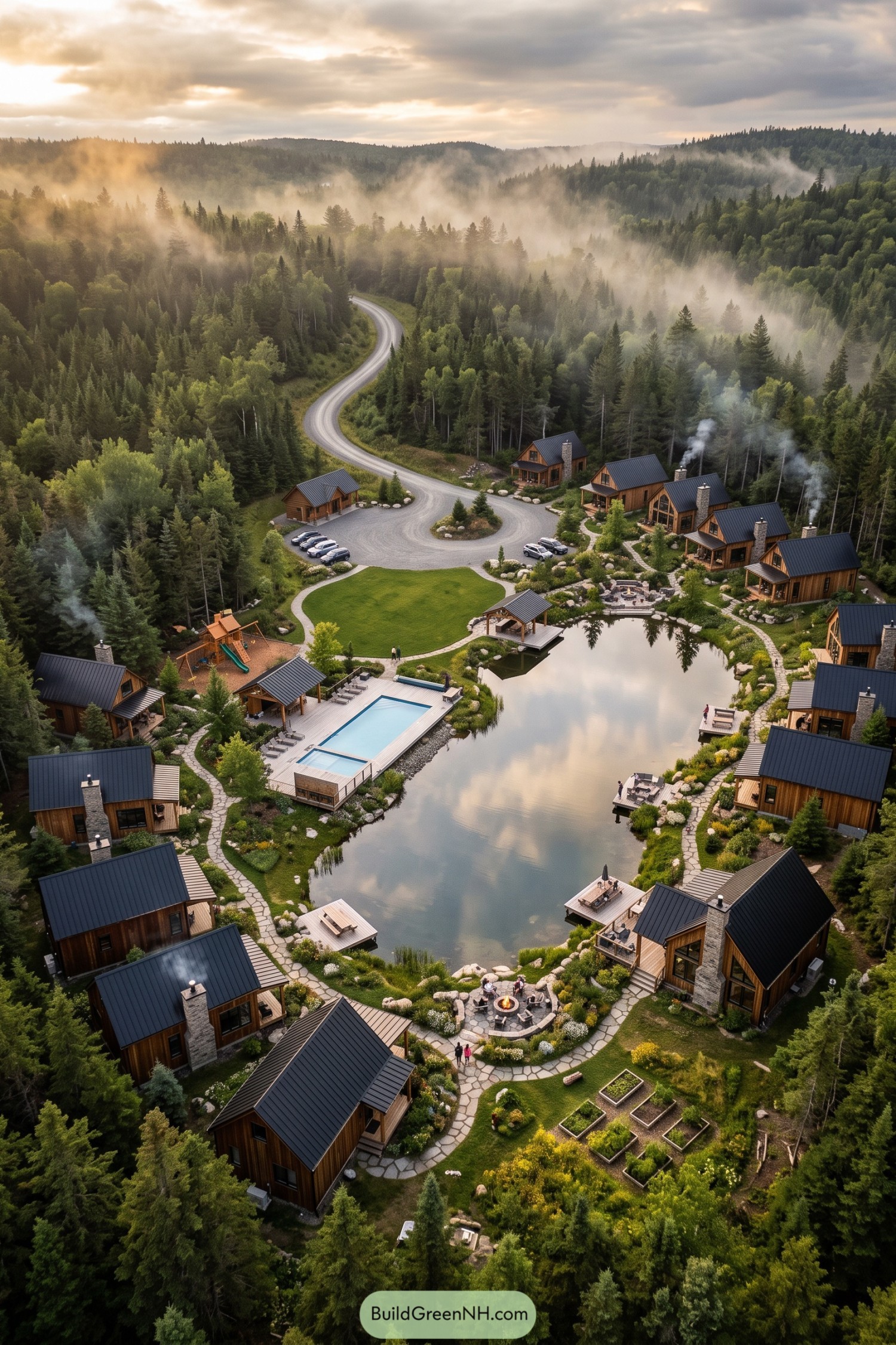 Wood cabins encircle a pond in a misty forest clearing