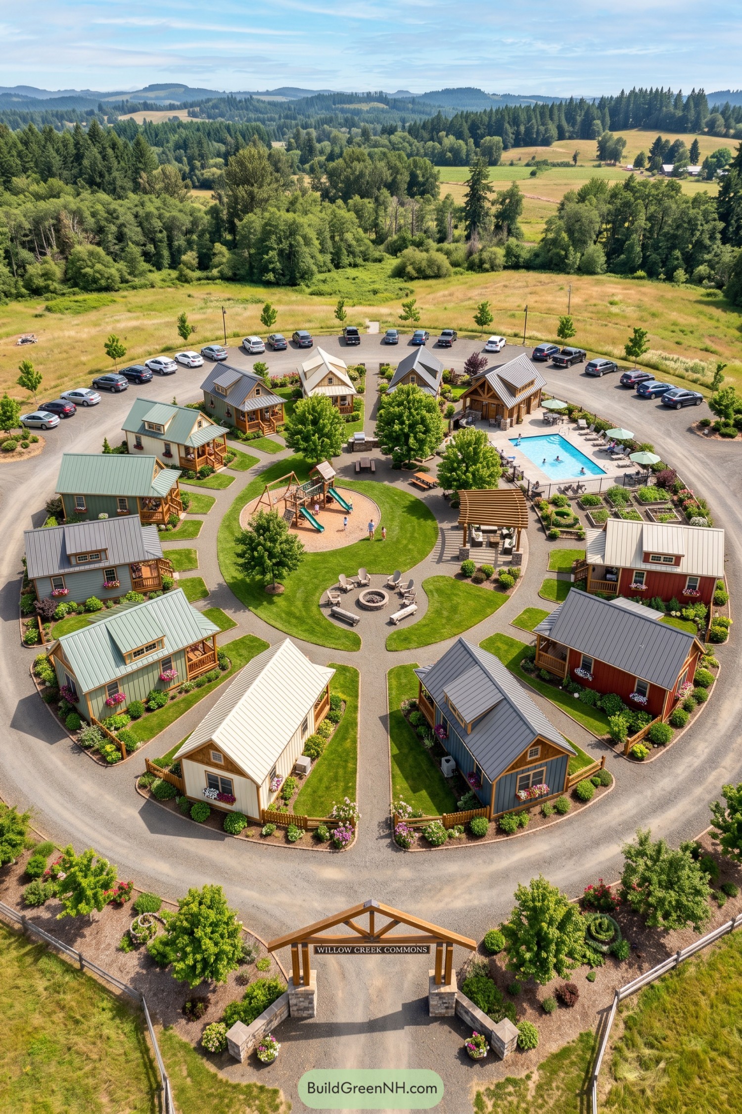 Colorful cottages encircle shared gardens pool and play space