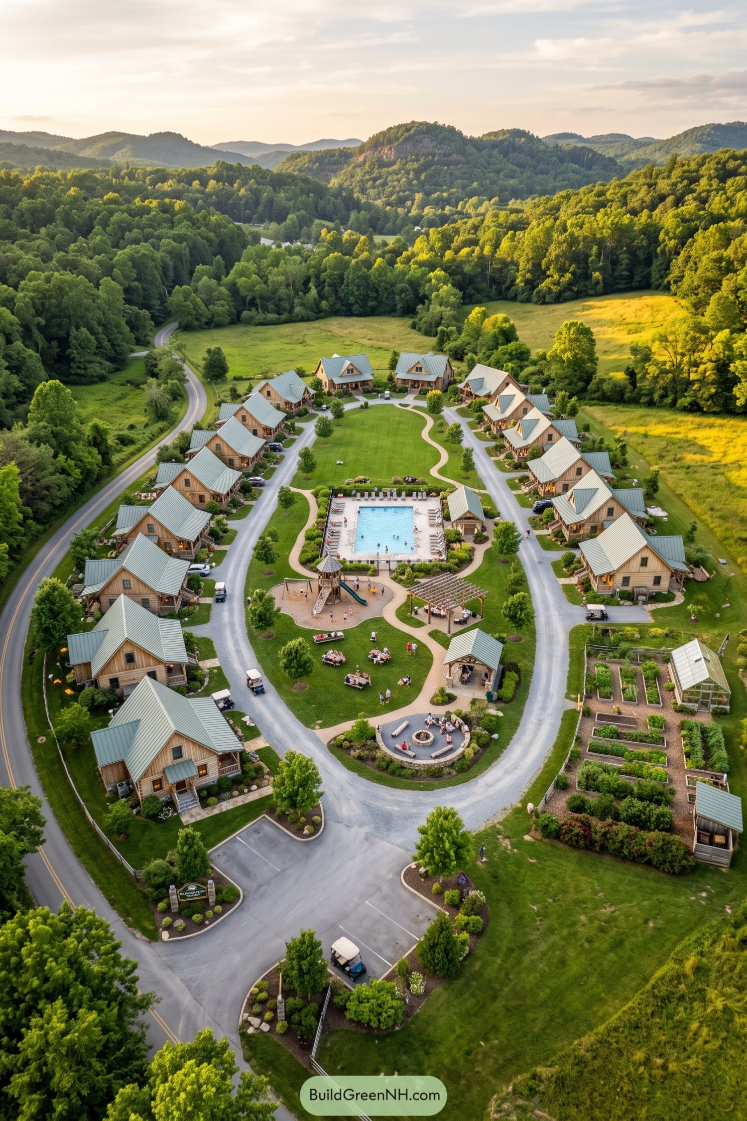 Timber cottages surround a shared pool and green commons in a wooded valley