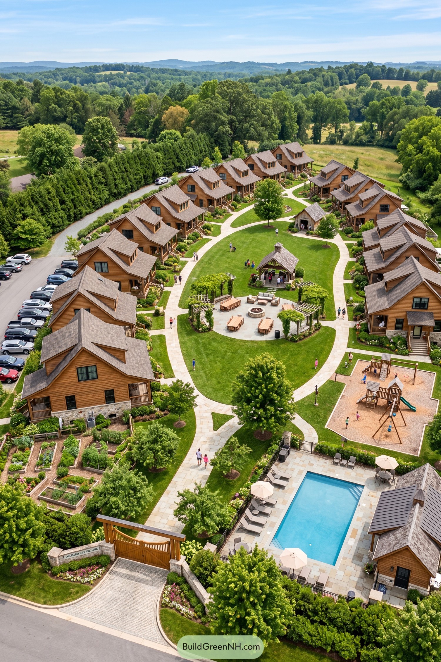Aerial view of cottages around shared lawn pool and play area