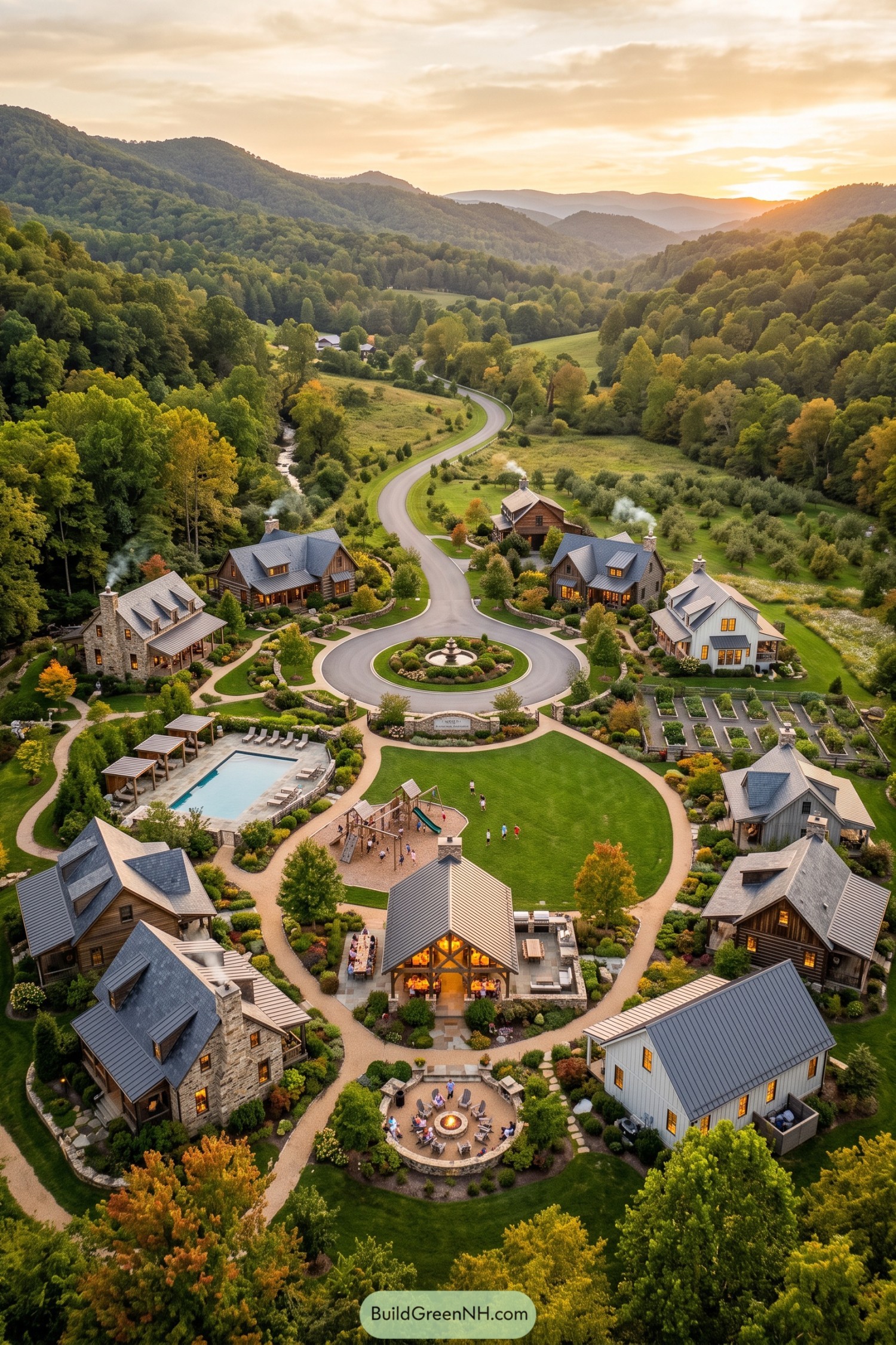 Mountain village homes arranged around a shared green and roundabout