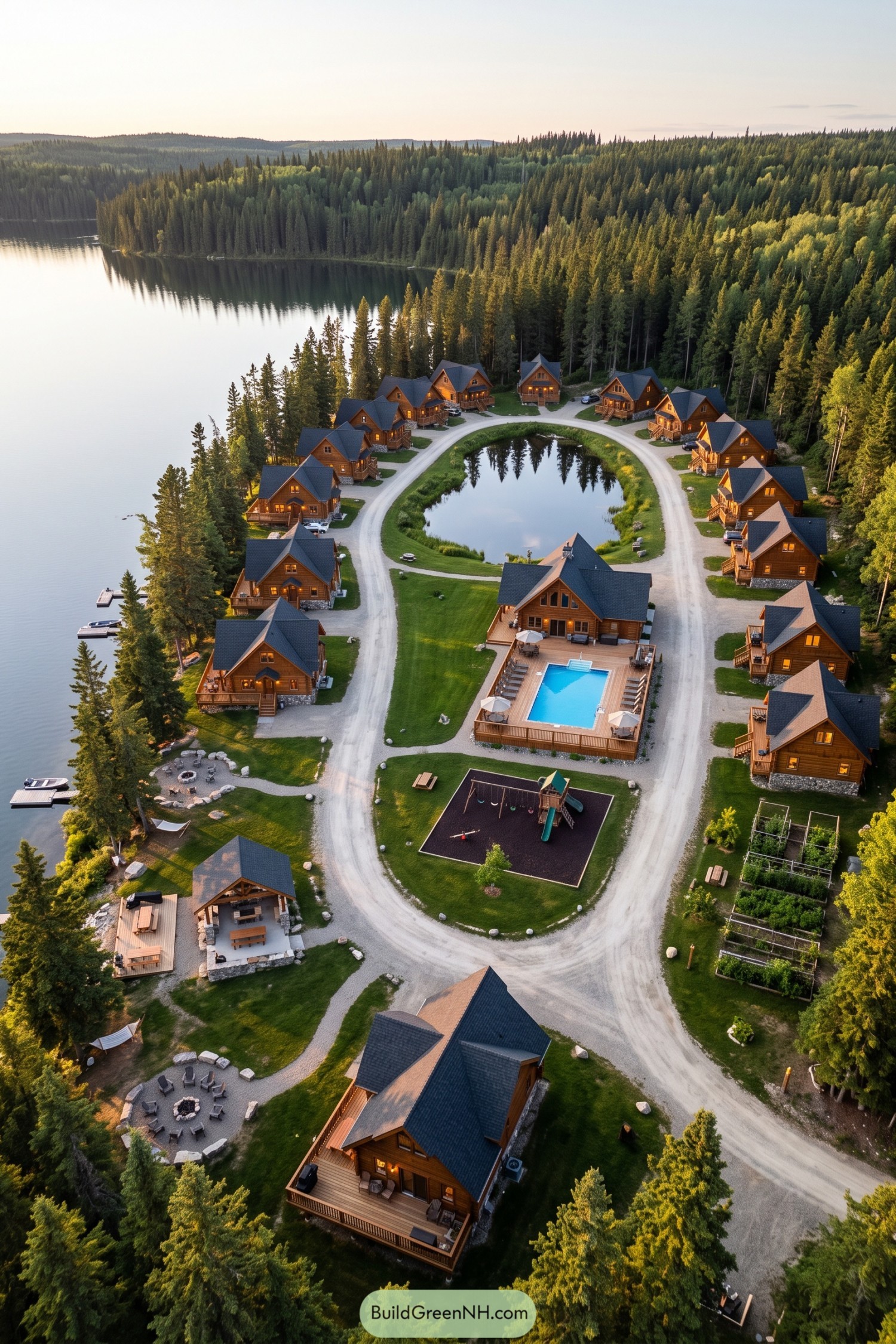 Lakeside cabin village around a shared pond