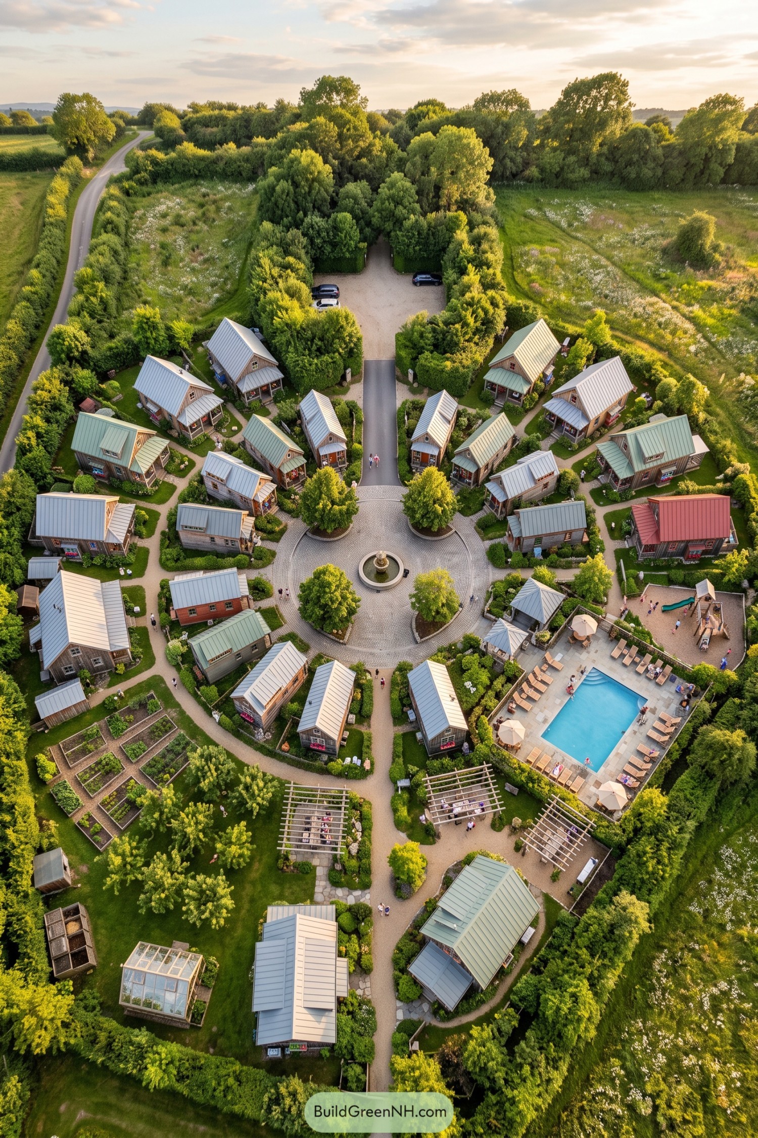 Aerial view of cottage village with gardens pool and central fountain