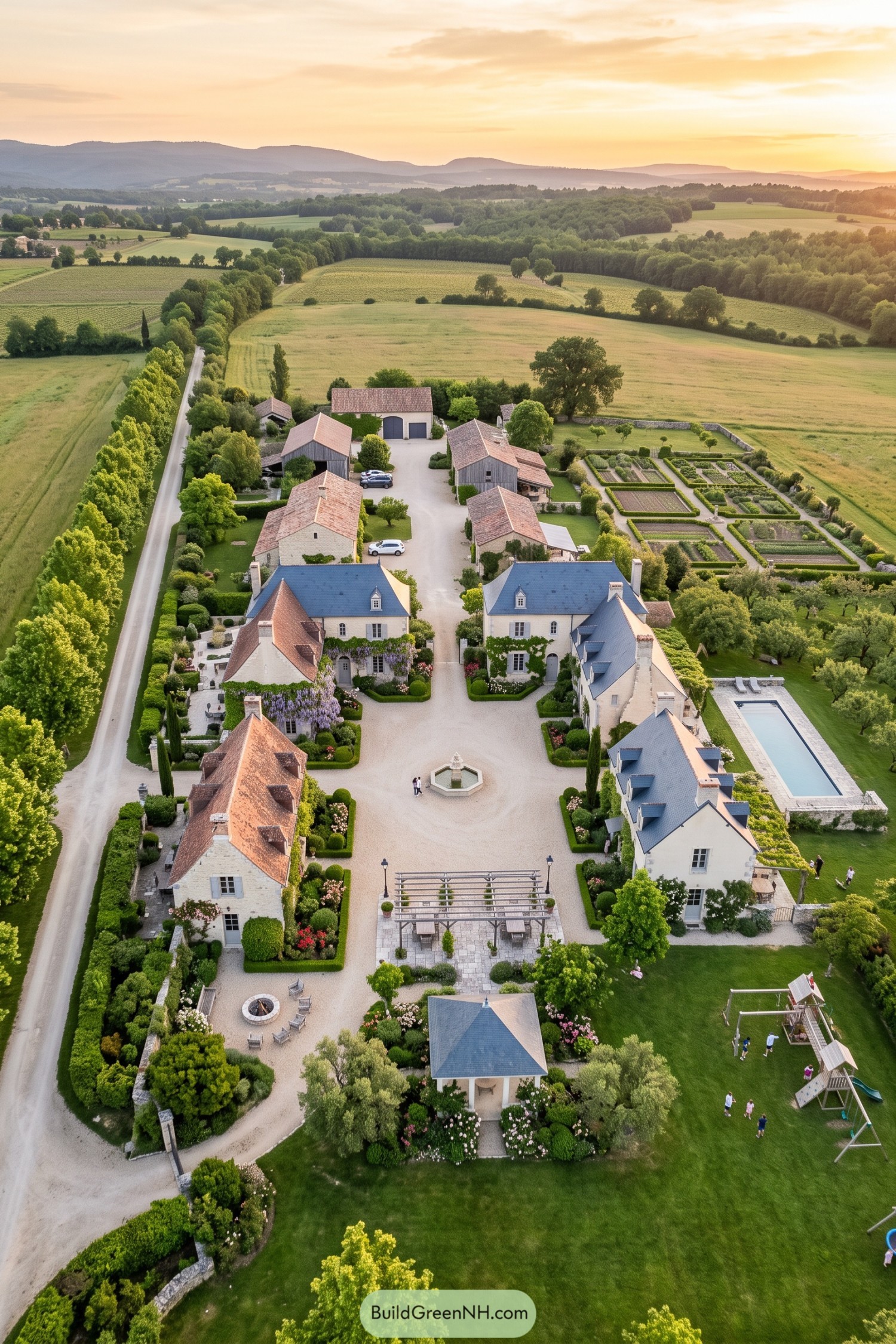 Aerial view of a country estate with homes gardens and pool