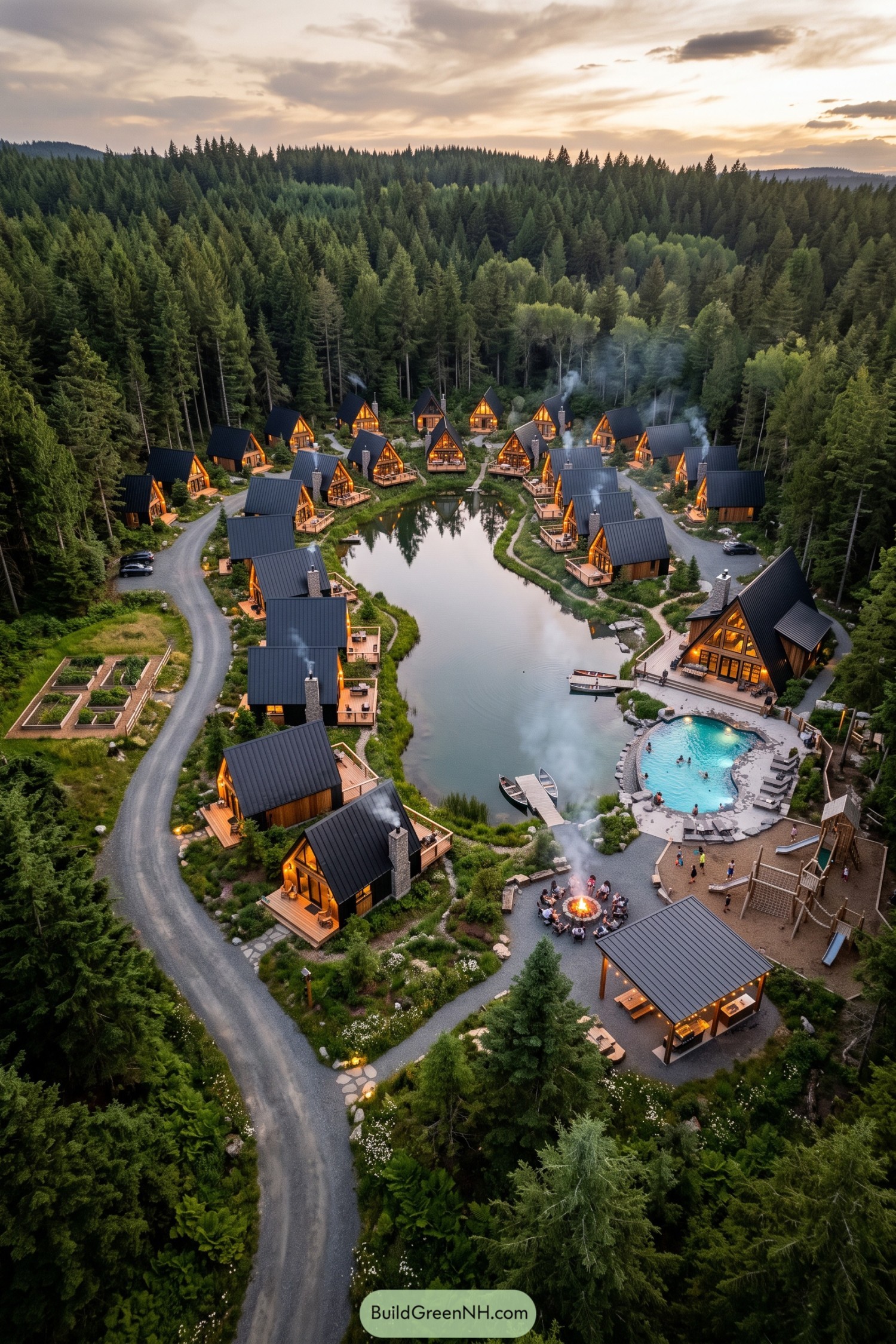 Forest cabins gathered around a pond with pool and fire circle