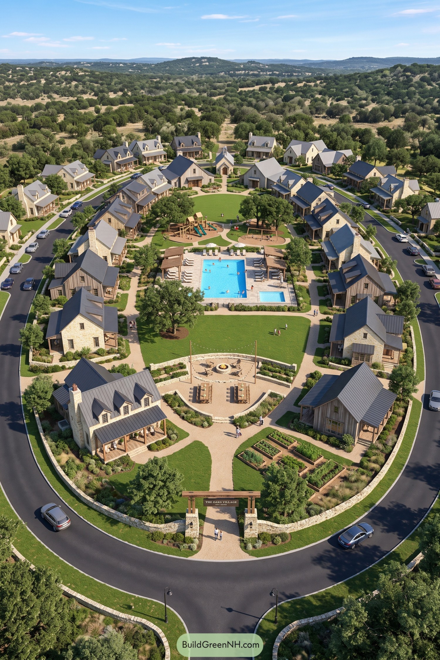 A circular cottage village with pool playground gardens and fire pit