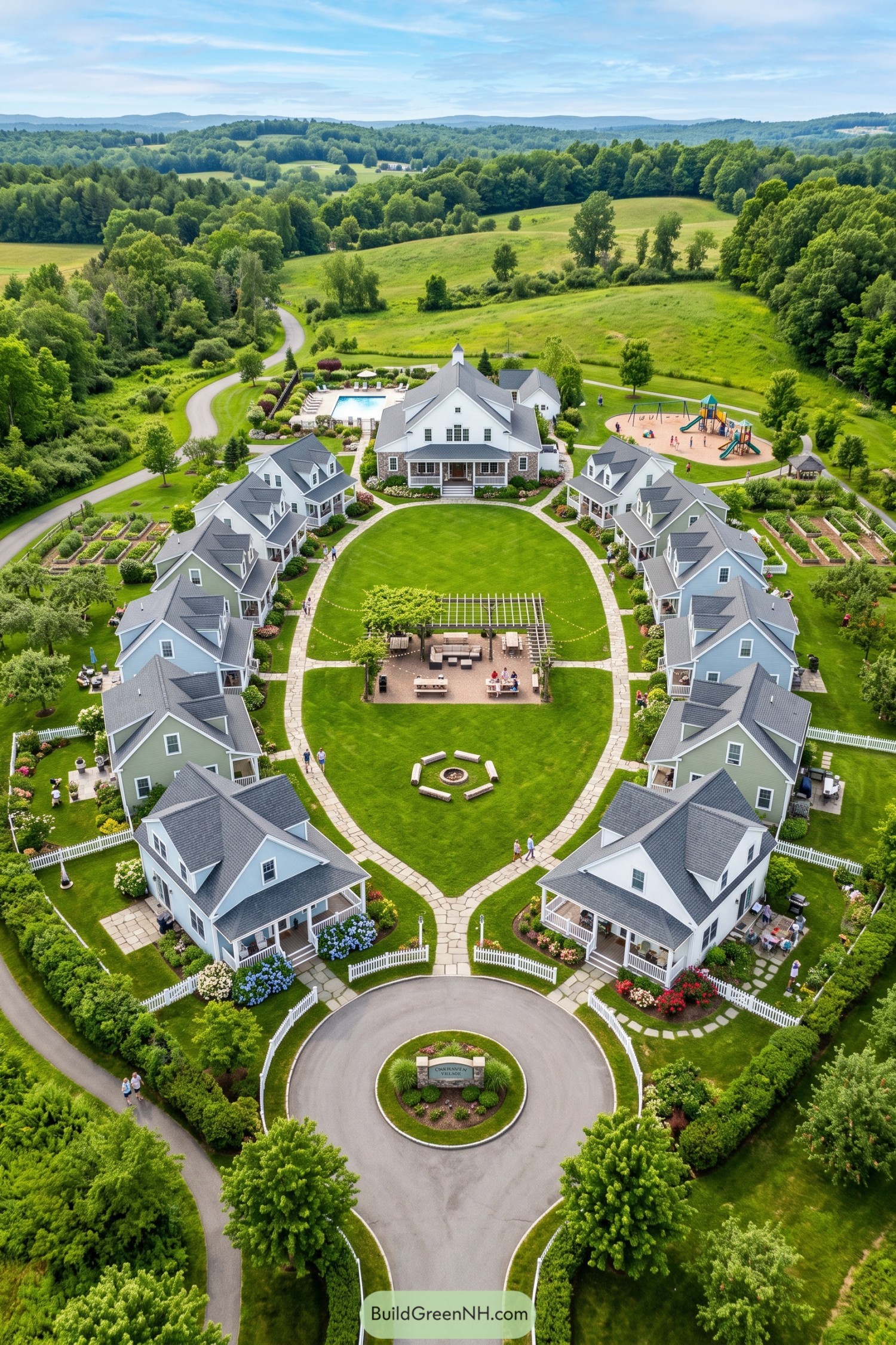 Aerial view of cottages around a shared green