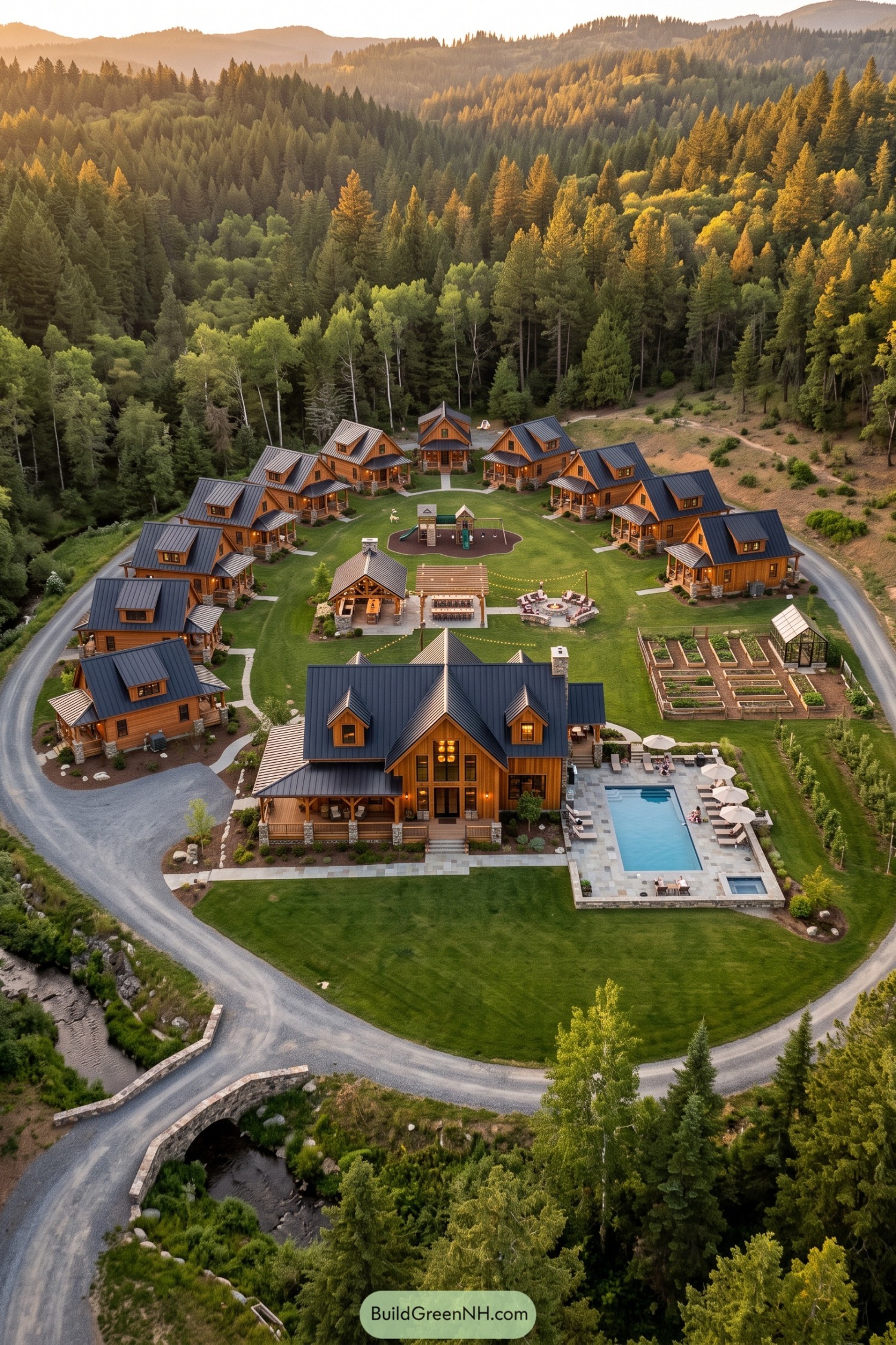 Wooden family village with cabins around shared lawn