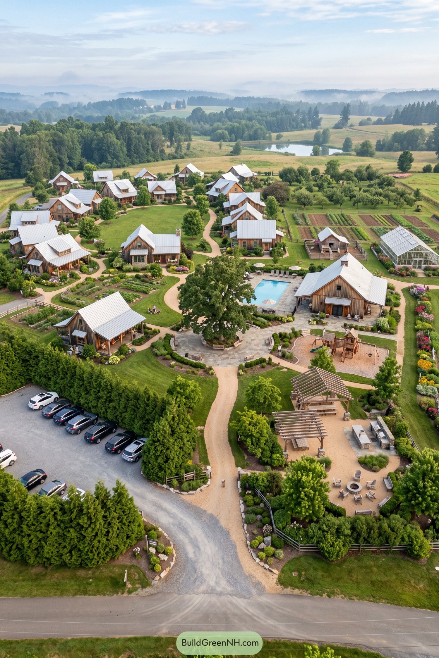 Aerial view of cottage village with gardens pool and greenhouse