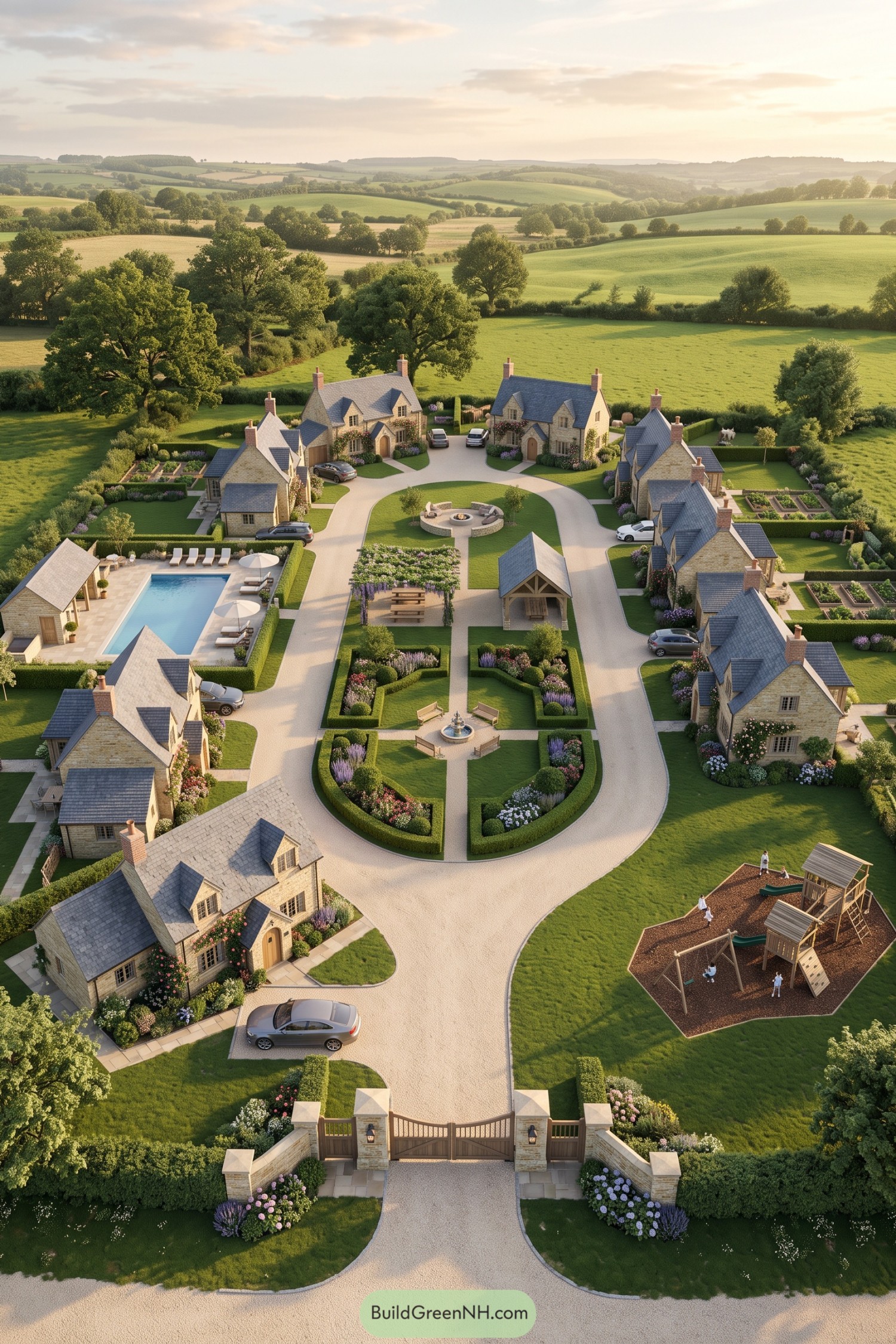 Gated stone cottage village with shared gardens and amenities