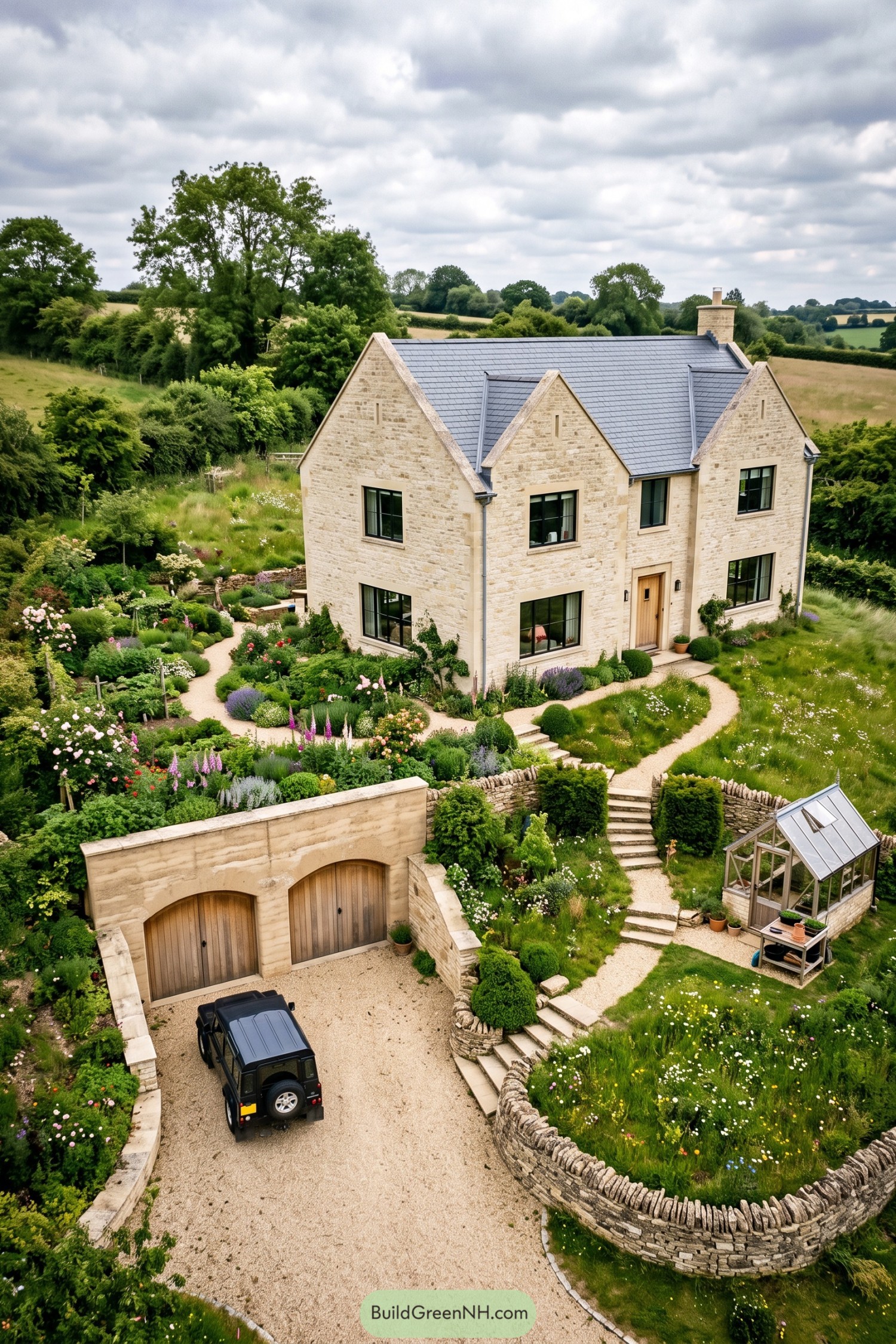 Stone farmhouse with a buried double garage and wildflower garden
