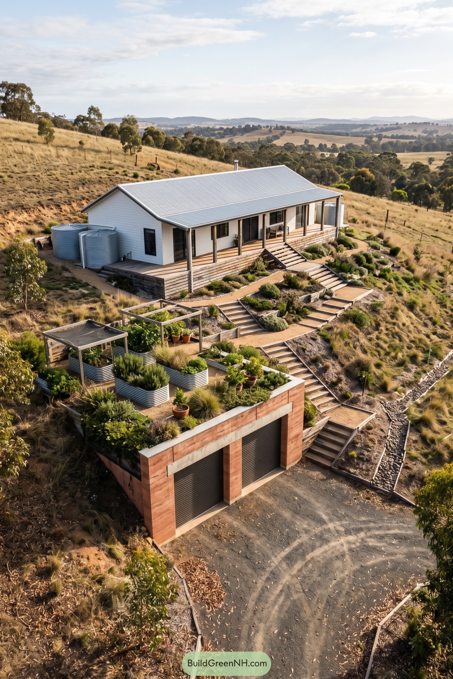 White farmhouse with terraced garden above an earthen garage