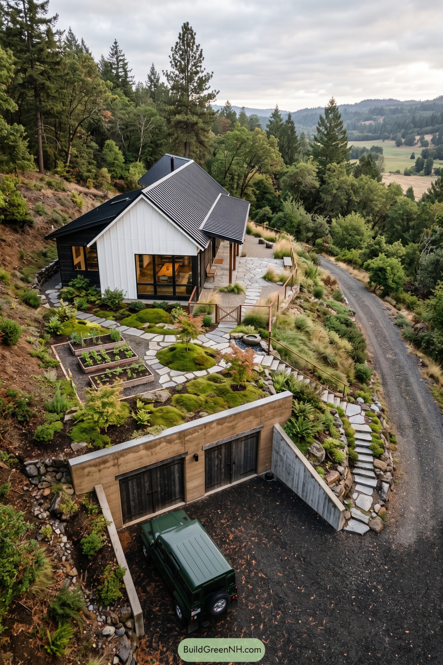 White farmhouse above a planted underground garage on a forested slope