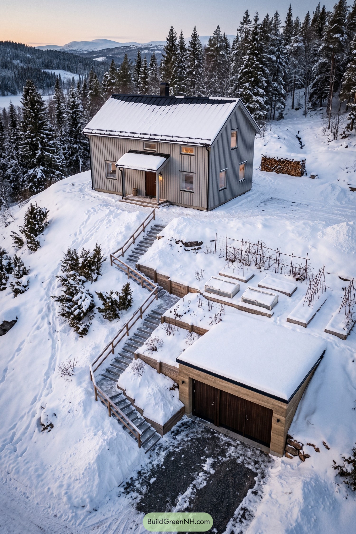 Snowy Nordic farmhouse with a recessed garage and terraced garden beds