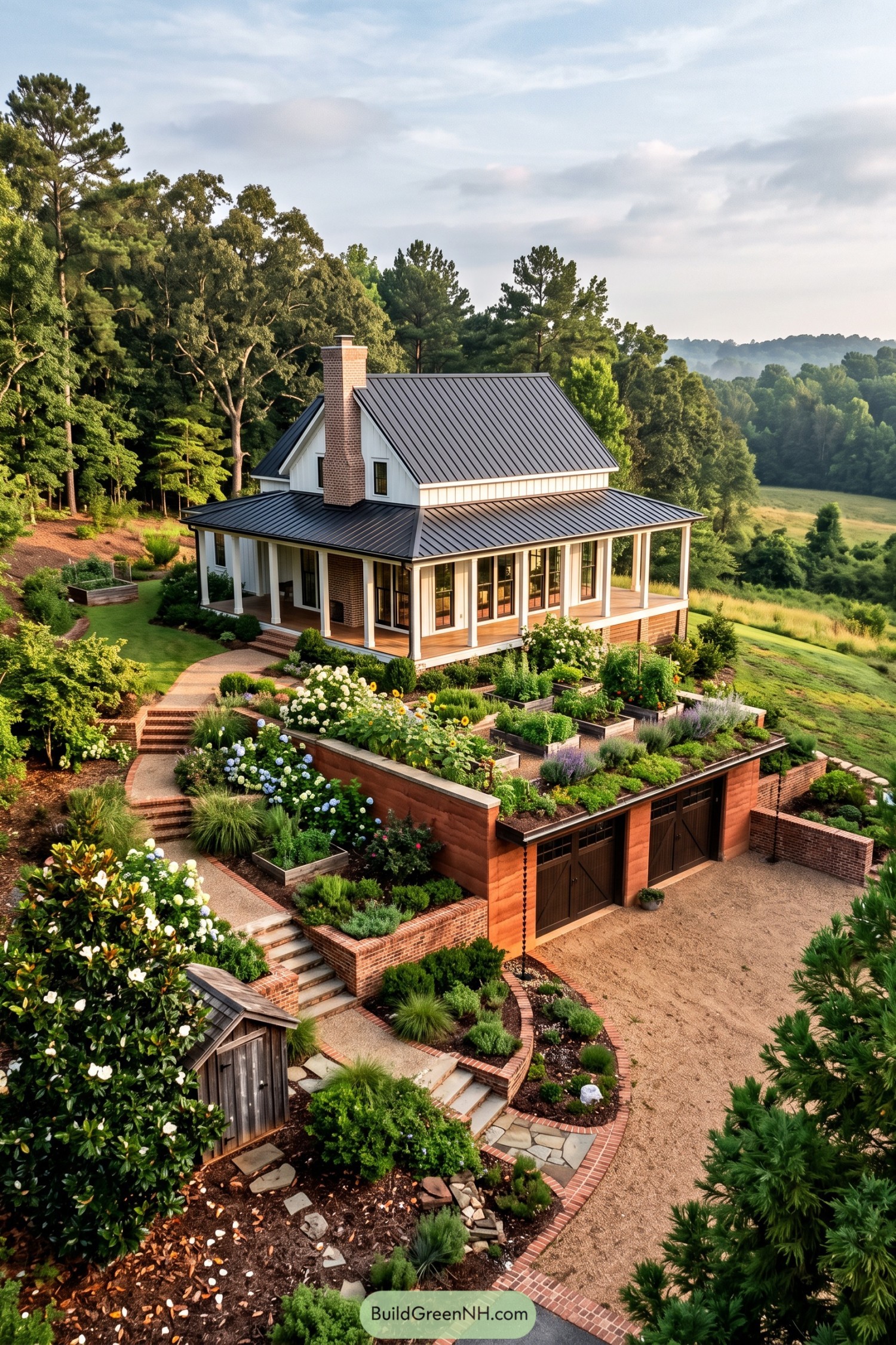 White farmhouse with a planted garage roof and terraced gardens
