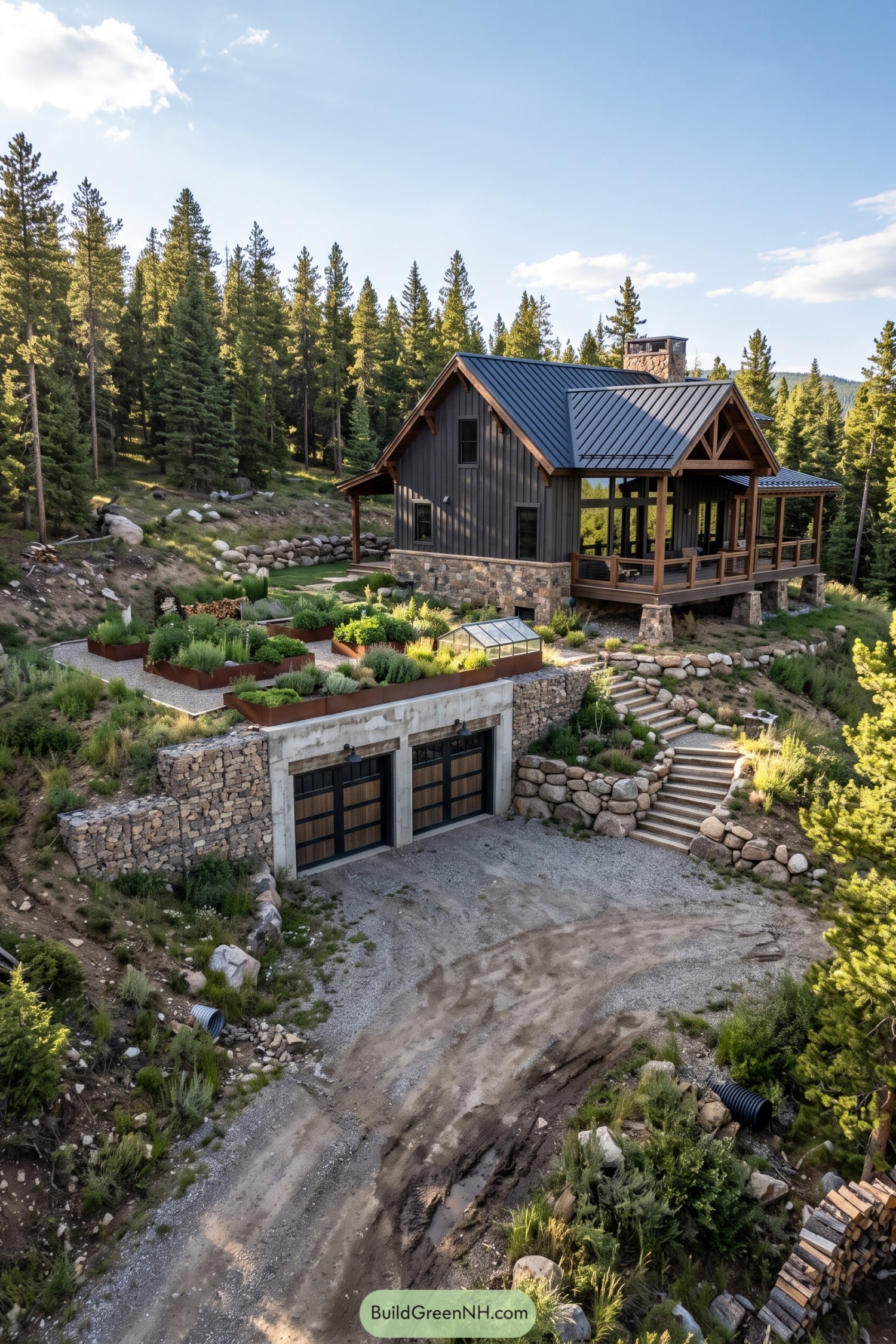 Timber farmhouse above a planted stone-walled garage in pine woodland