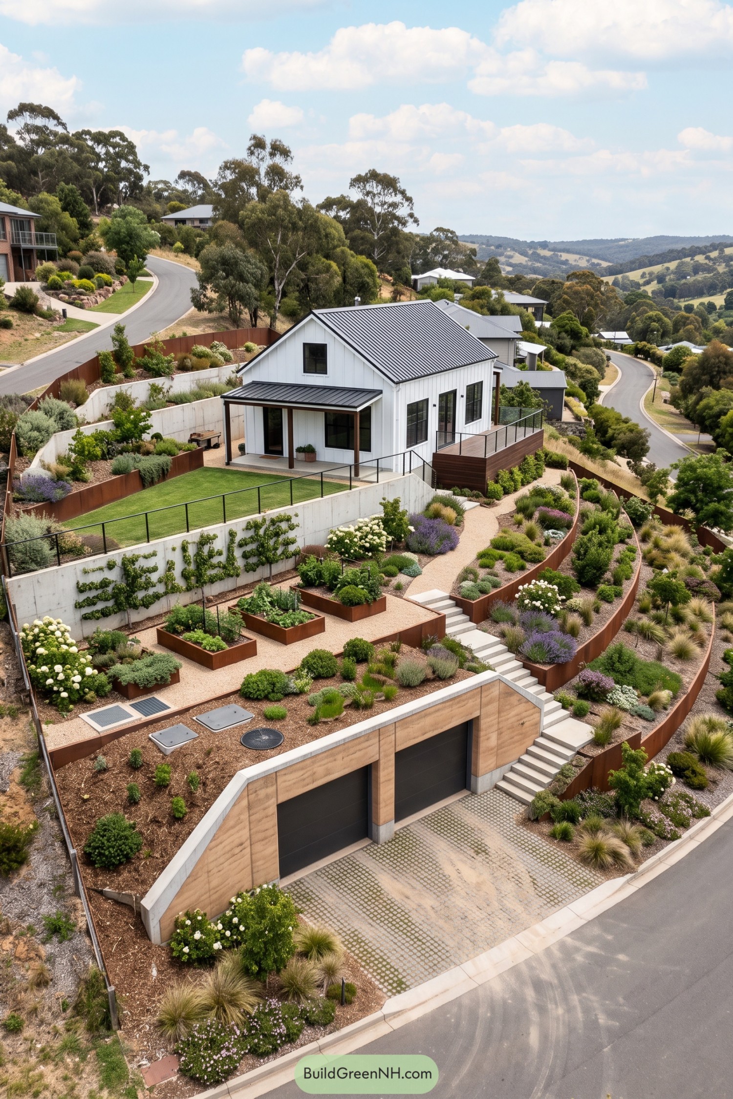 White gabled farmhouse above a landscaped underground garage