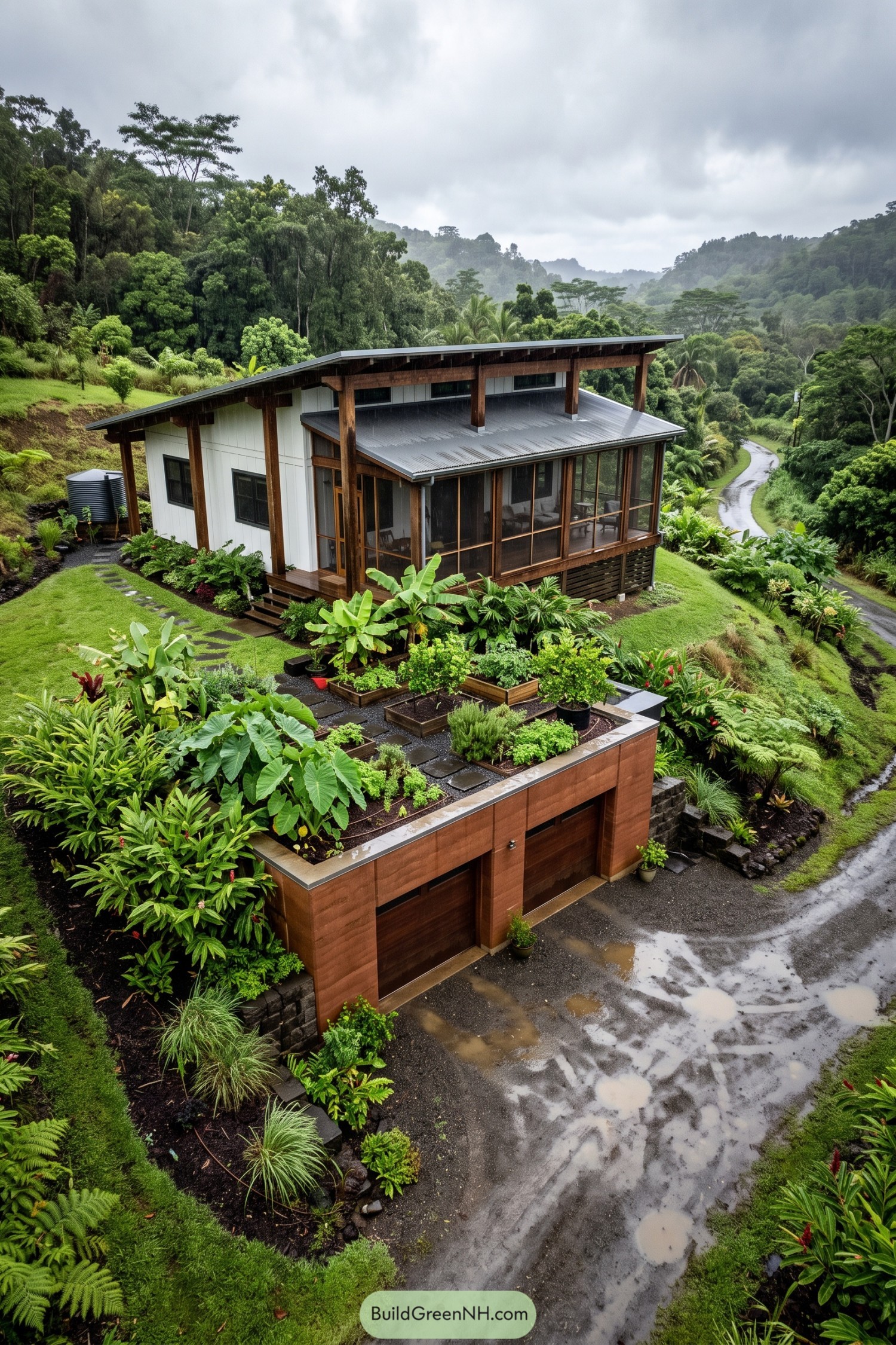 Rainy tropical farmhouse above a planted garage roof