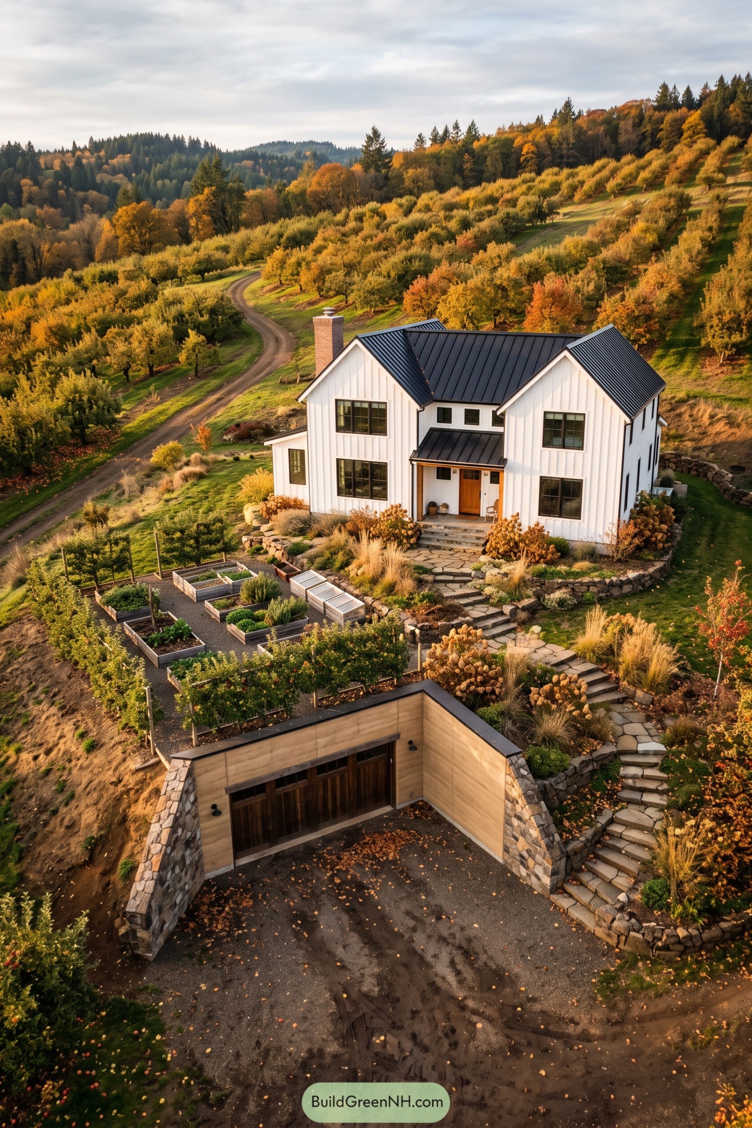 White farmhouse with a sunken garage beneath an orchard garden