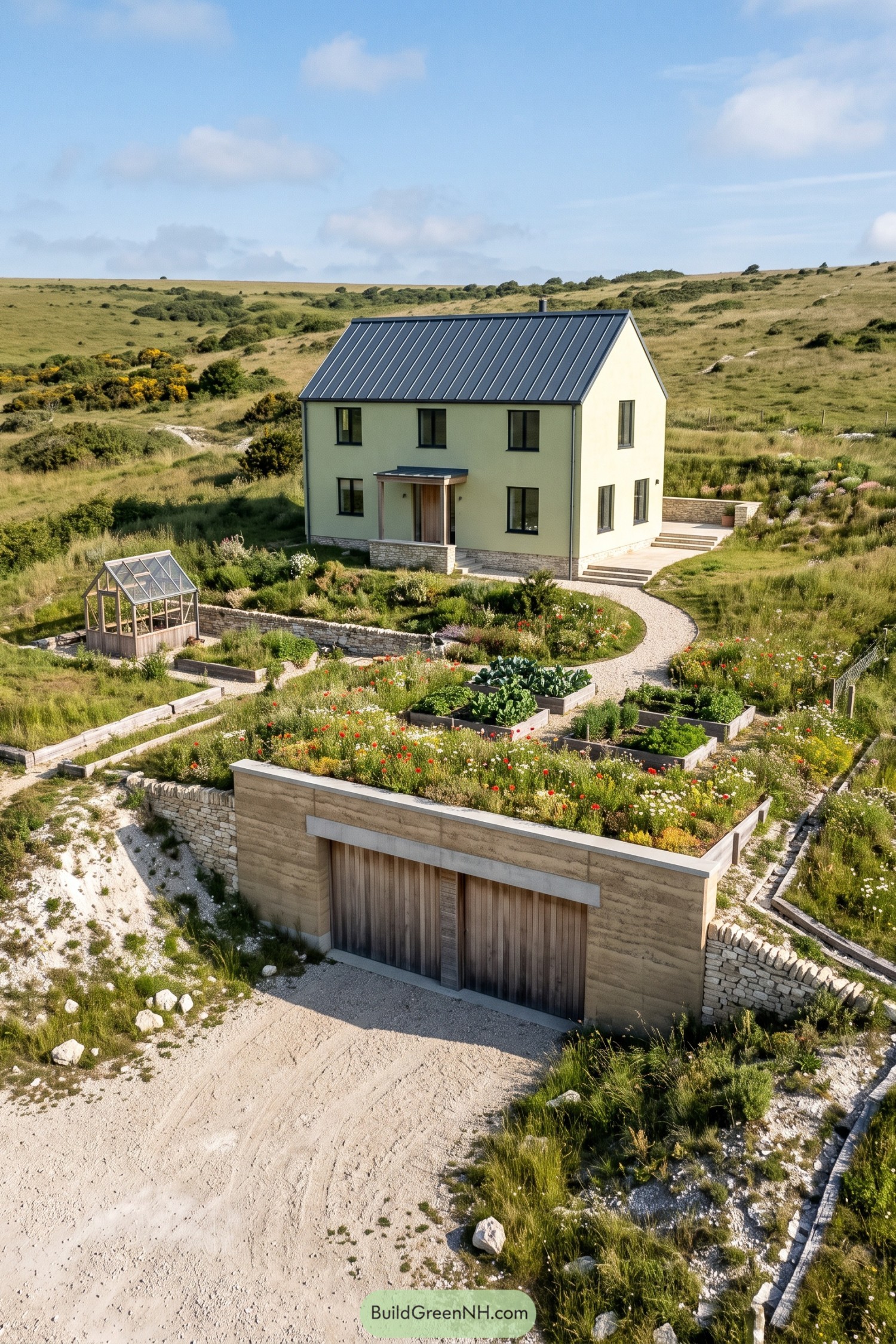 Pale farmhouse with a wildflower roofed underground garage and kitchen garden