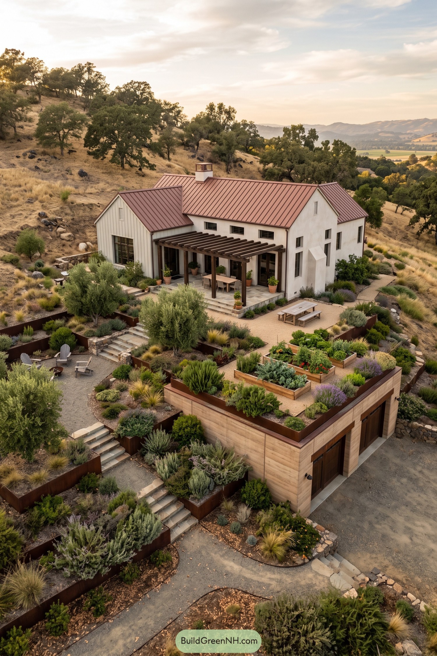 Farmhouse with a planted roof garage and terraced kitchen garden