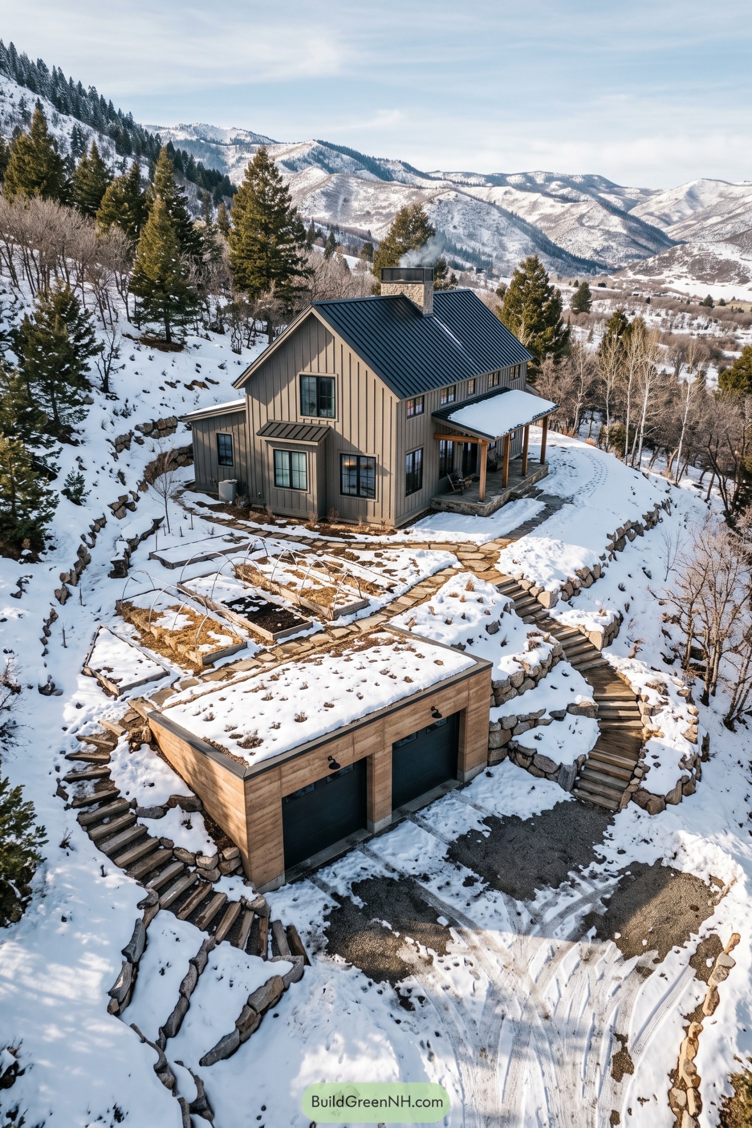 Mountain farmhouse with an earth-sheltered two-car garage beneath snowy terraces