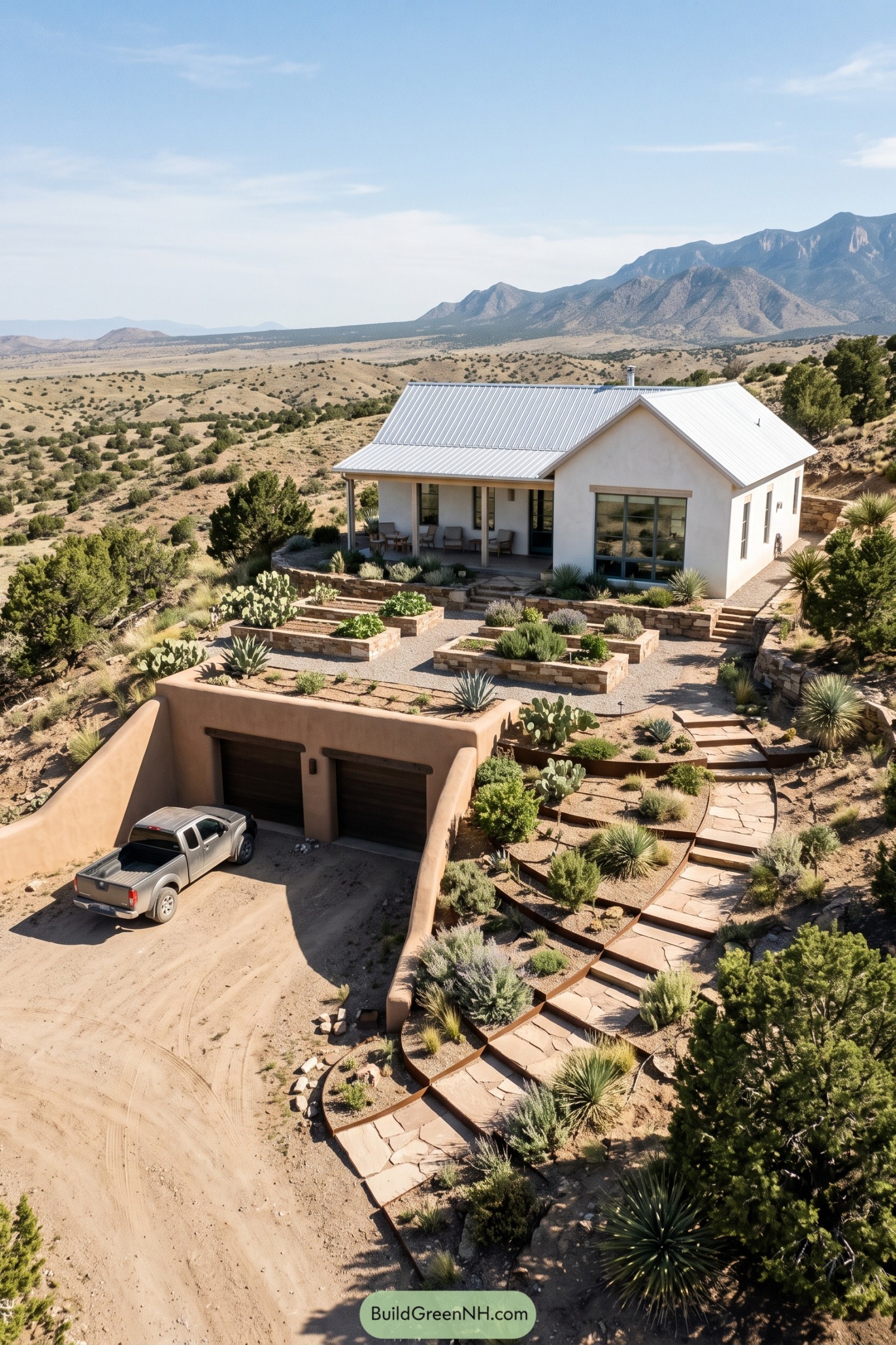 White farmhouse above a stucco underground garage in desert hills