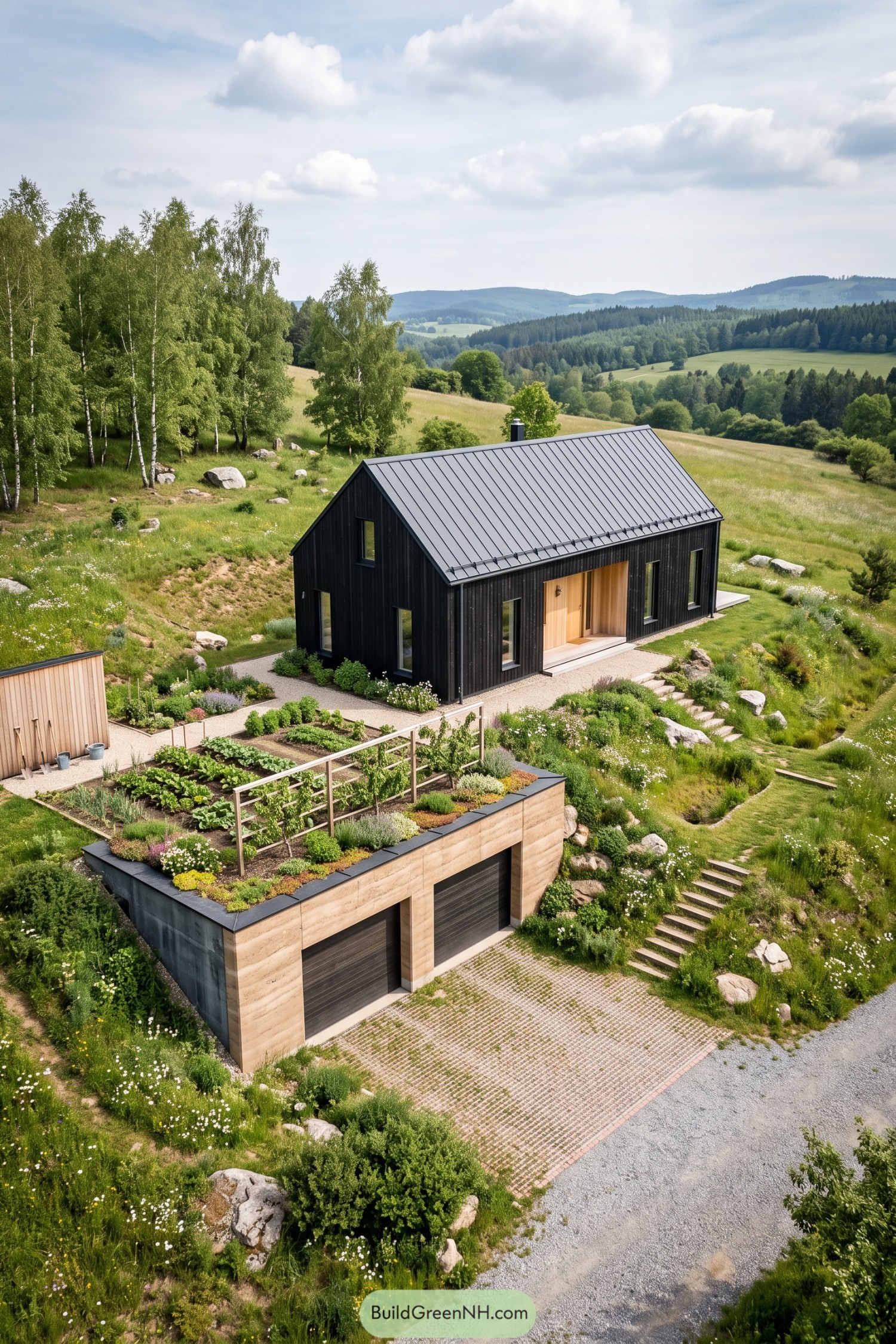 Black timber farmhouse above a planted concrete garage in a meadow