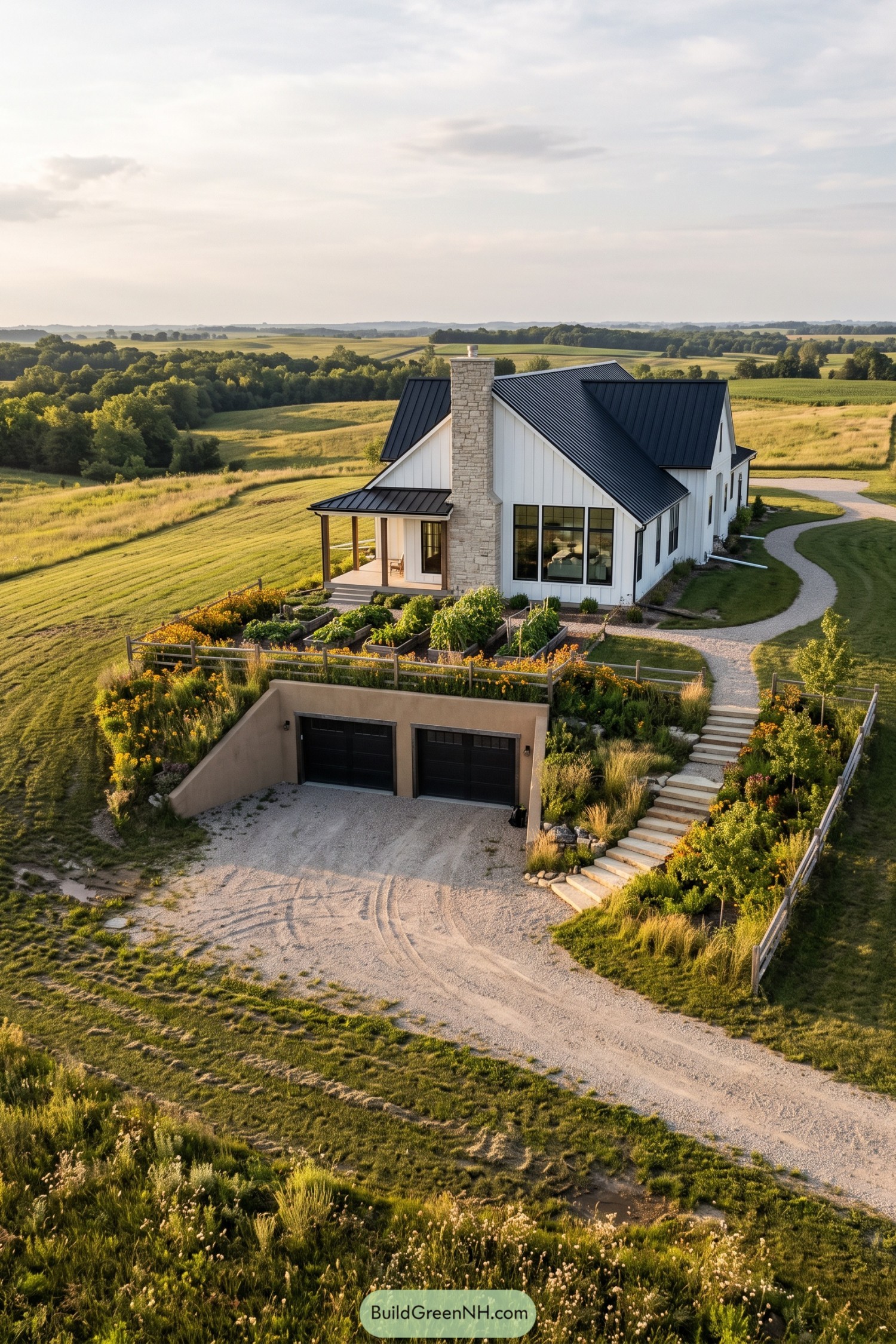 White farmhouse above a planted underground two car garage