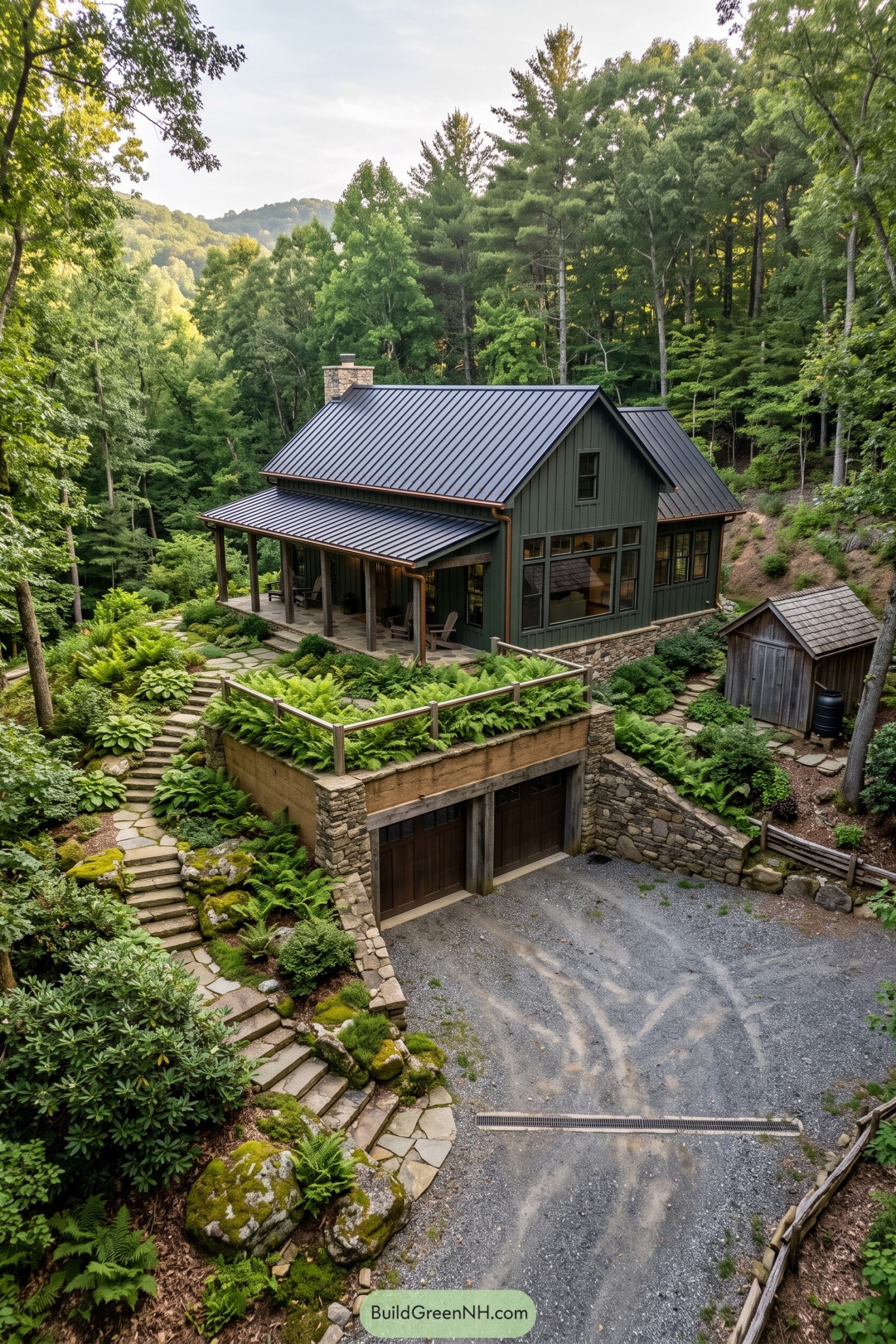 Forest farmhouse with fern-planted garage roof