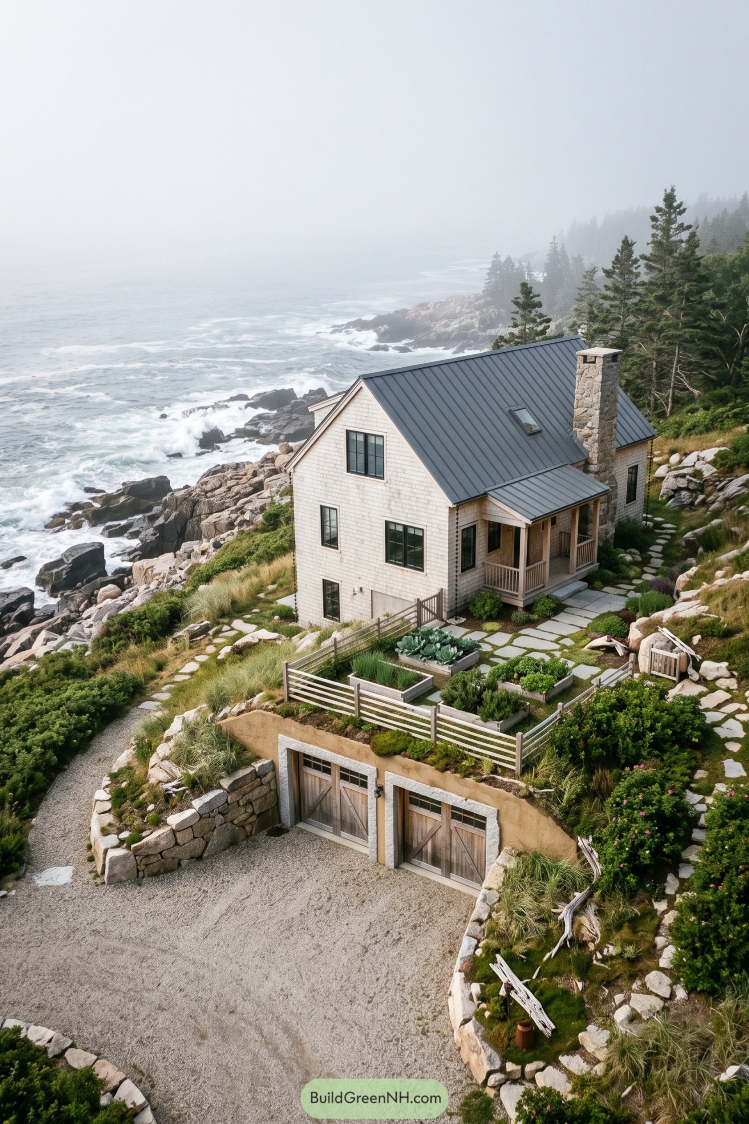 Shingled coastal farmhouse above a planted underground garage