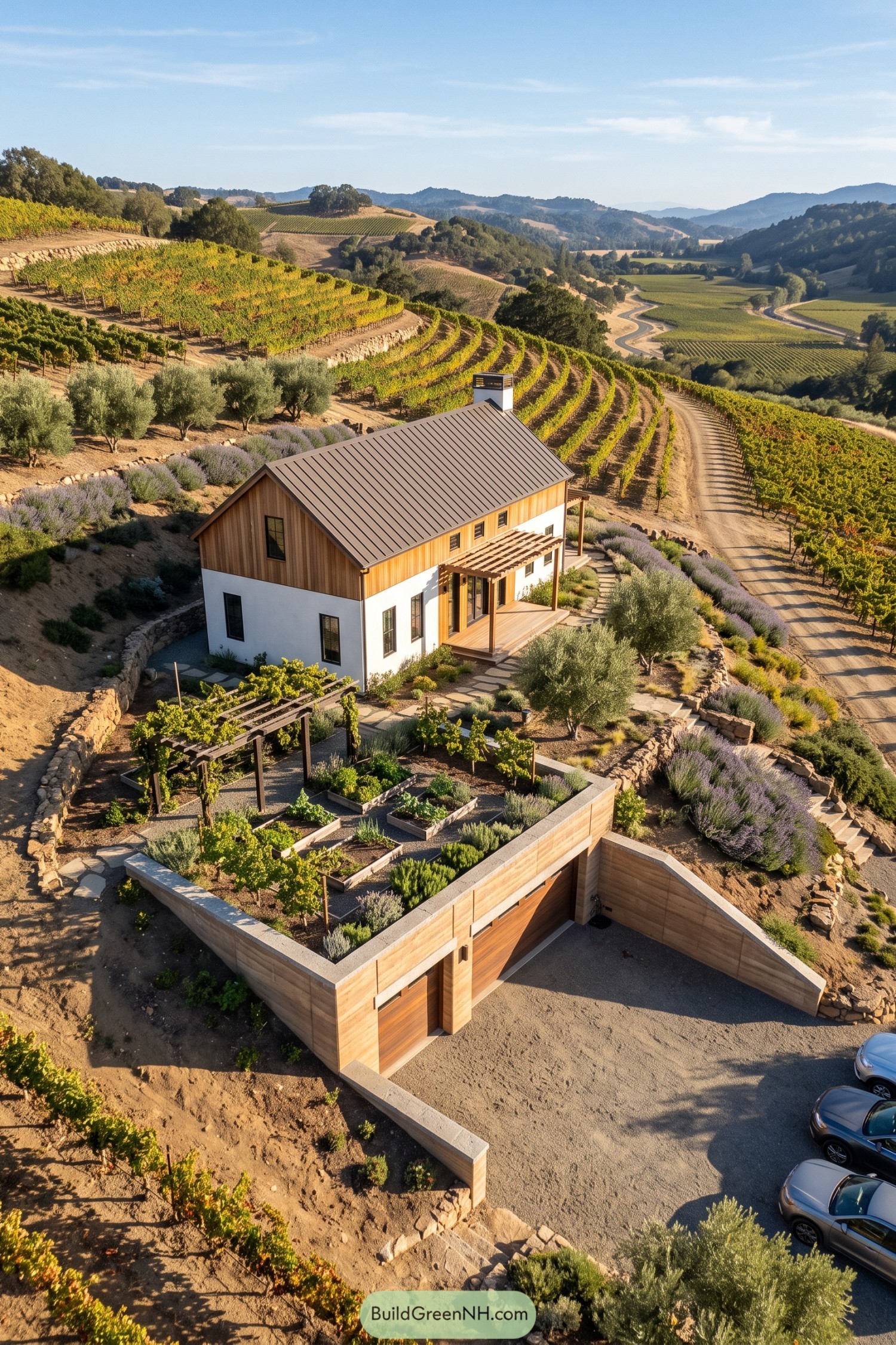 Timber farmhouse beside vineyards with a planted sunken garage