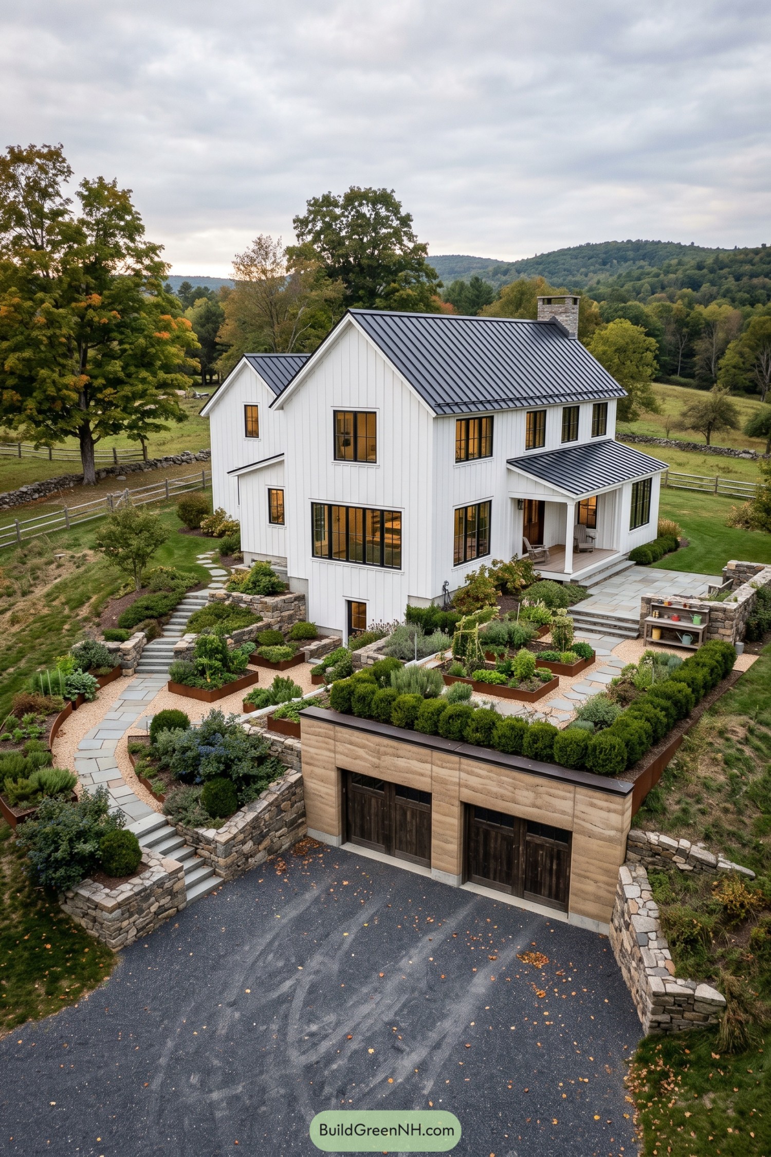White farmhouse above an earth sheltered garage and terraced garden