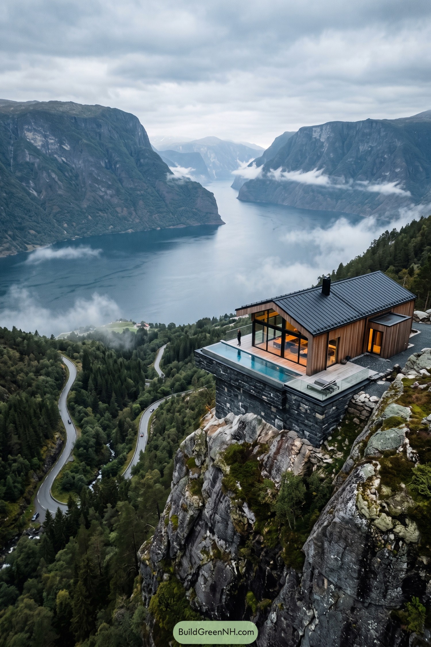 Wood and stone villa with an infinity pool above a misty fjord