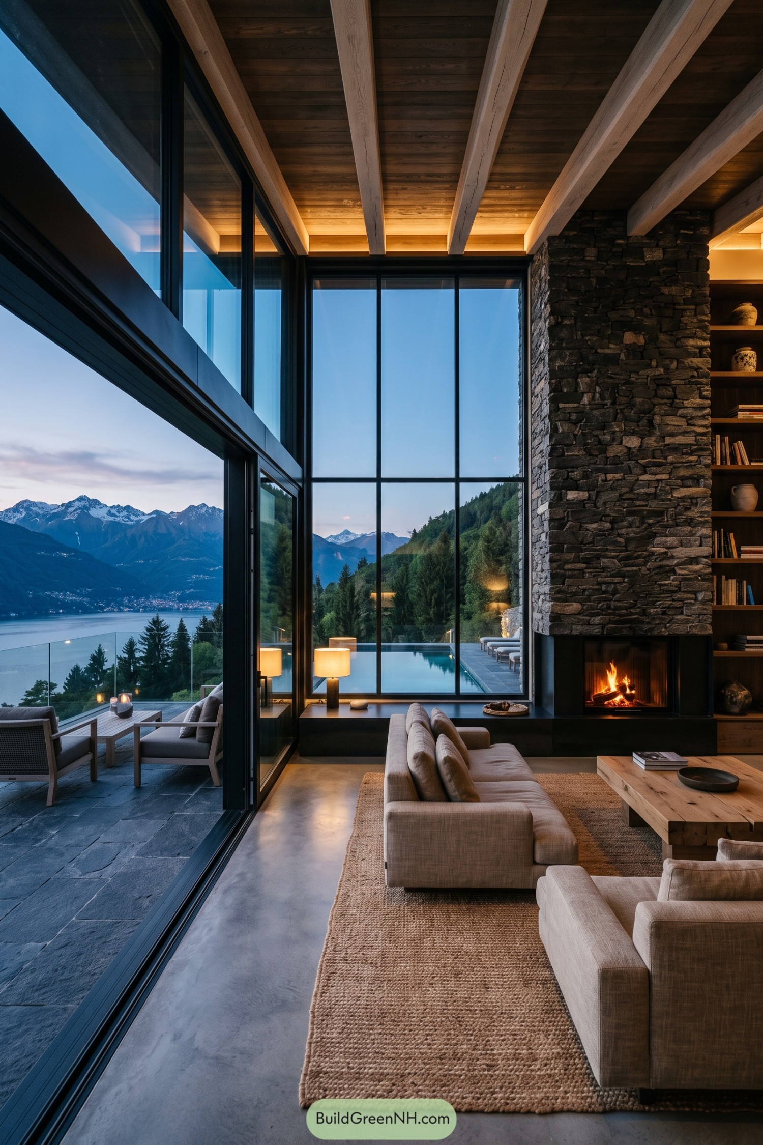 Glass-walled hill villa with stone fireplace overlooking a lake and mountains