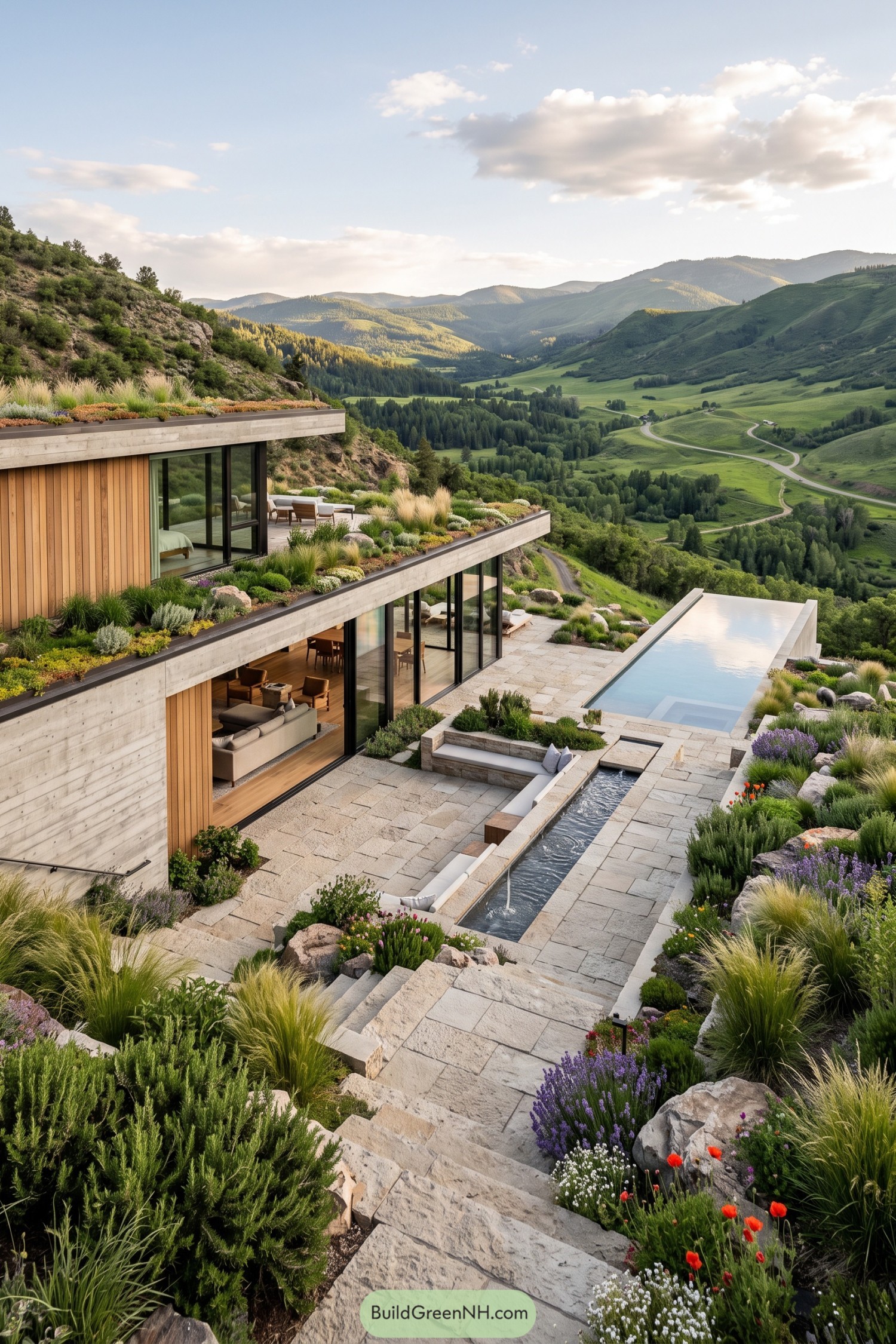 Modern hillside villa with planted terraces and infinity pool