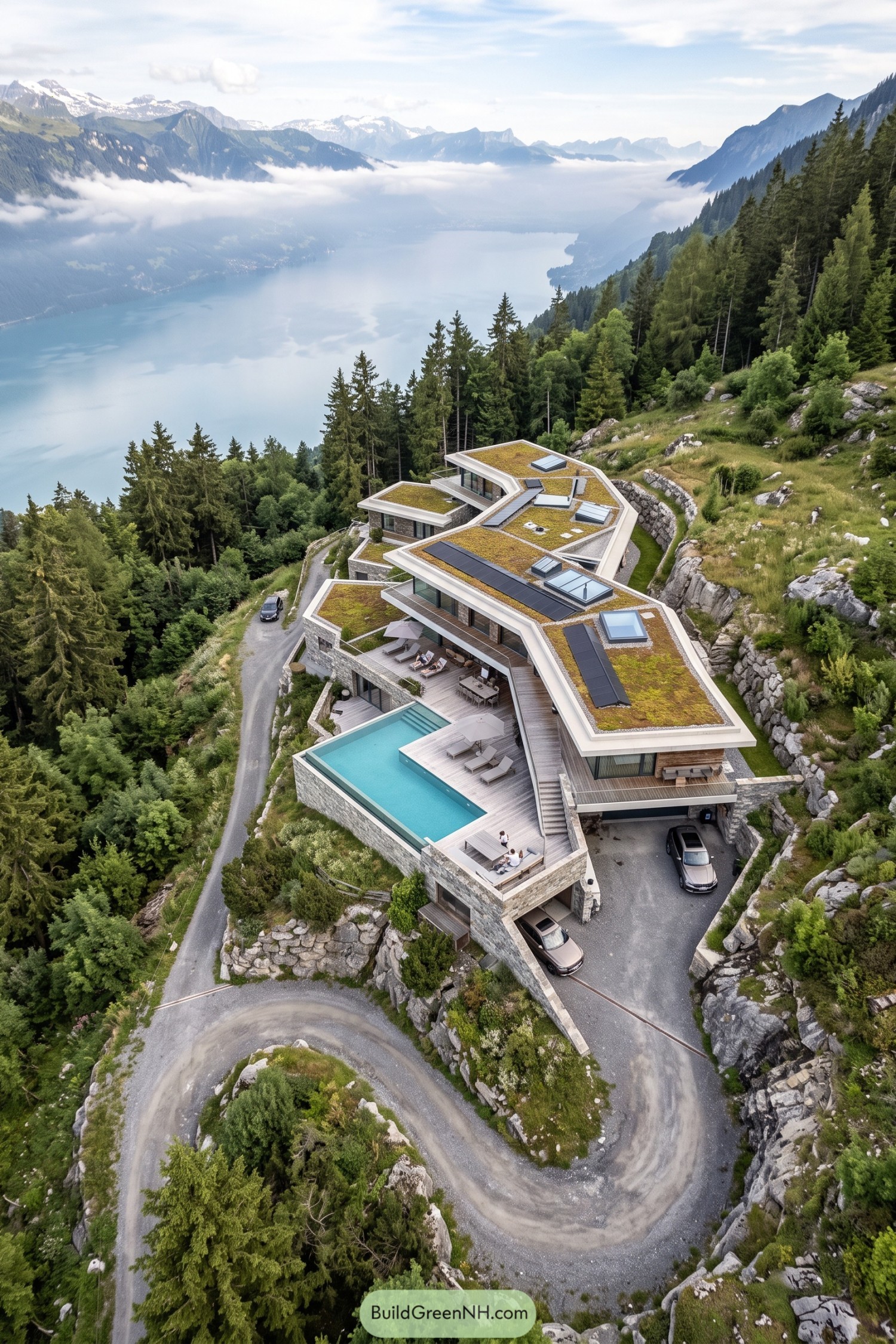 Modern hillside villa with planted roofs infinity pool and lake views