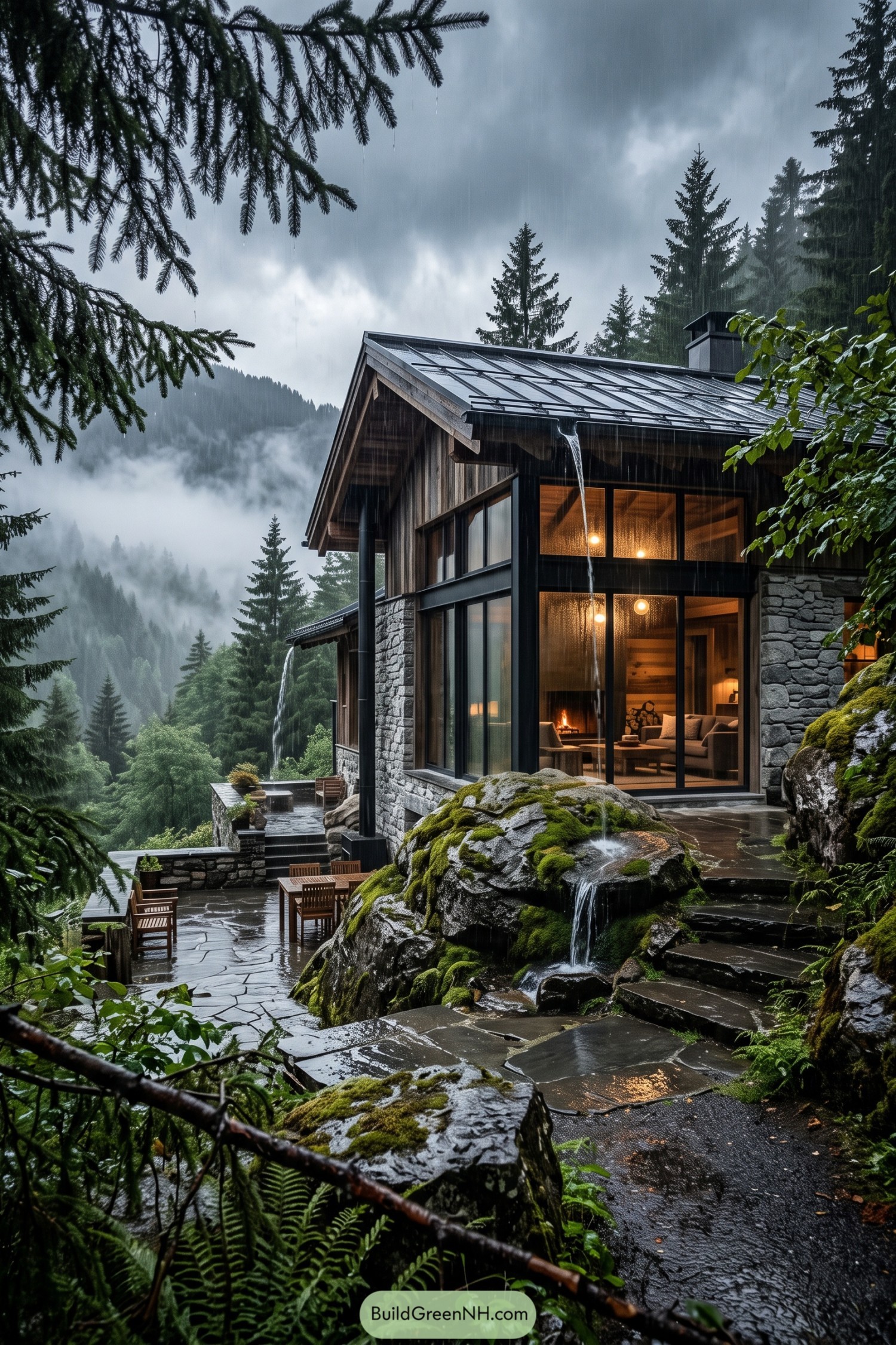 Rain-soaked stone and timber villa in a misty forest