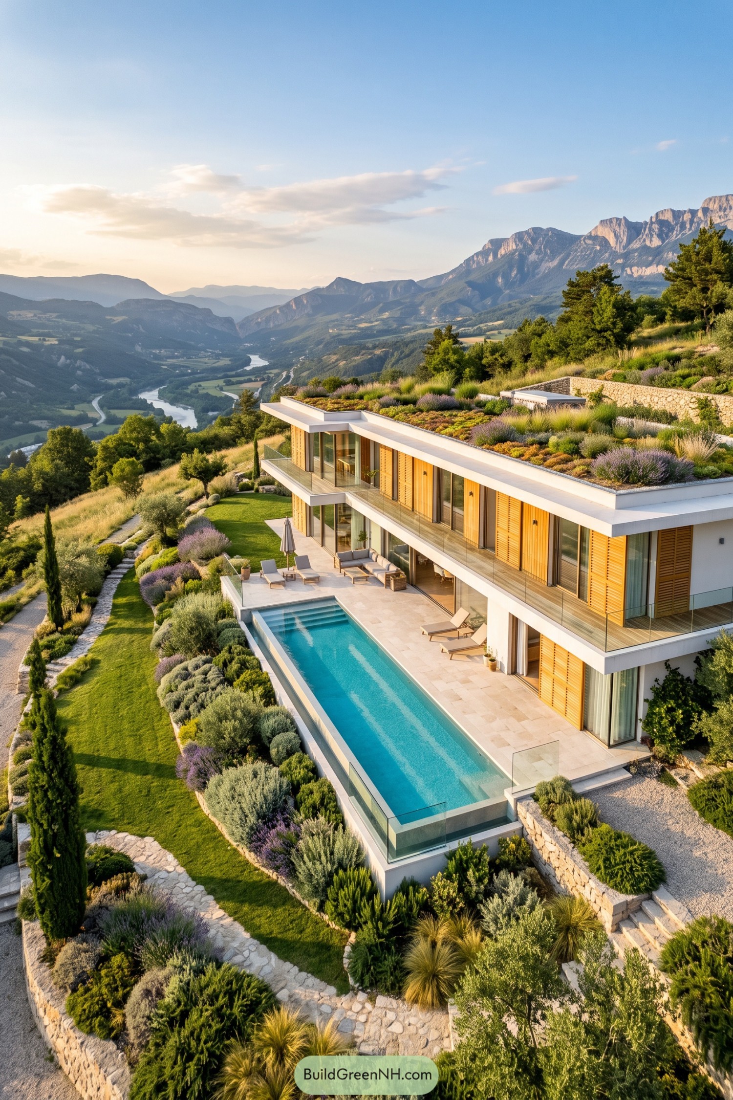 Modern hillside villa with green roof and infinity pool overlooking a valley