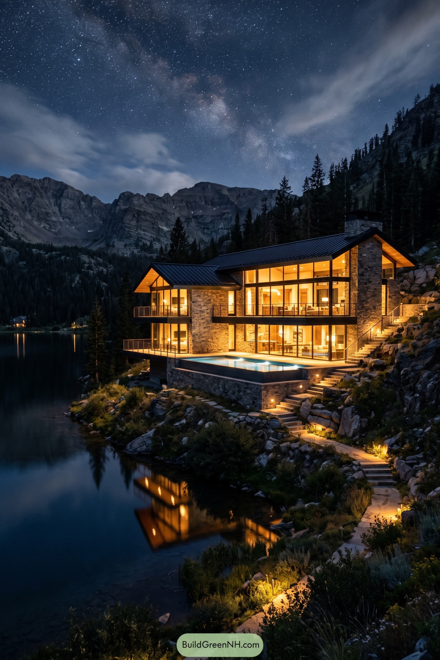 Modern stone and glass villa beside a mountain lake at night