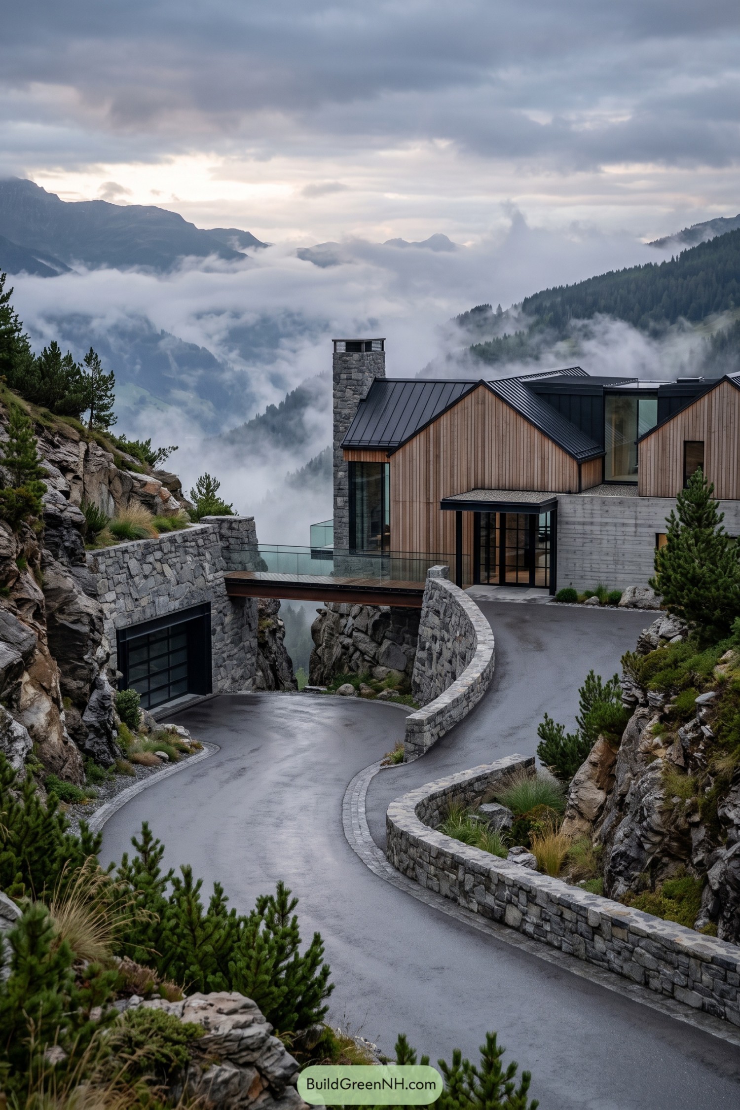 Contemporary timber villa with stone bridge in misty mountains