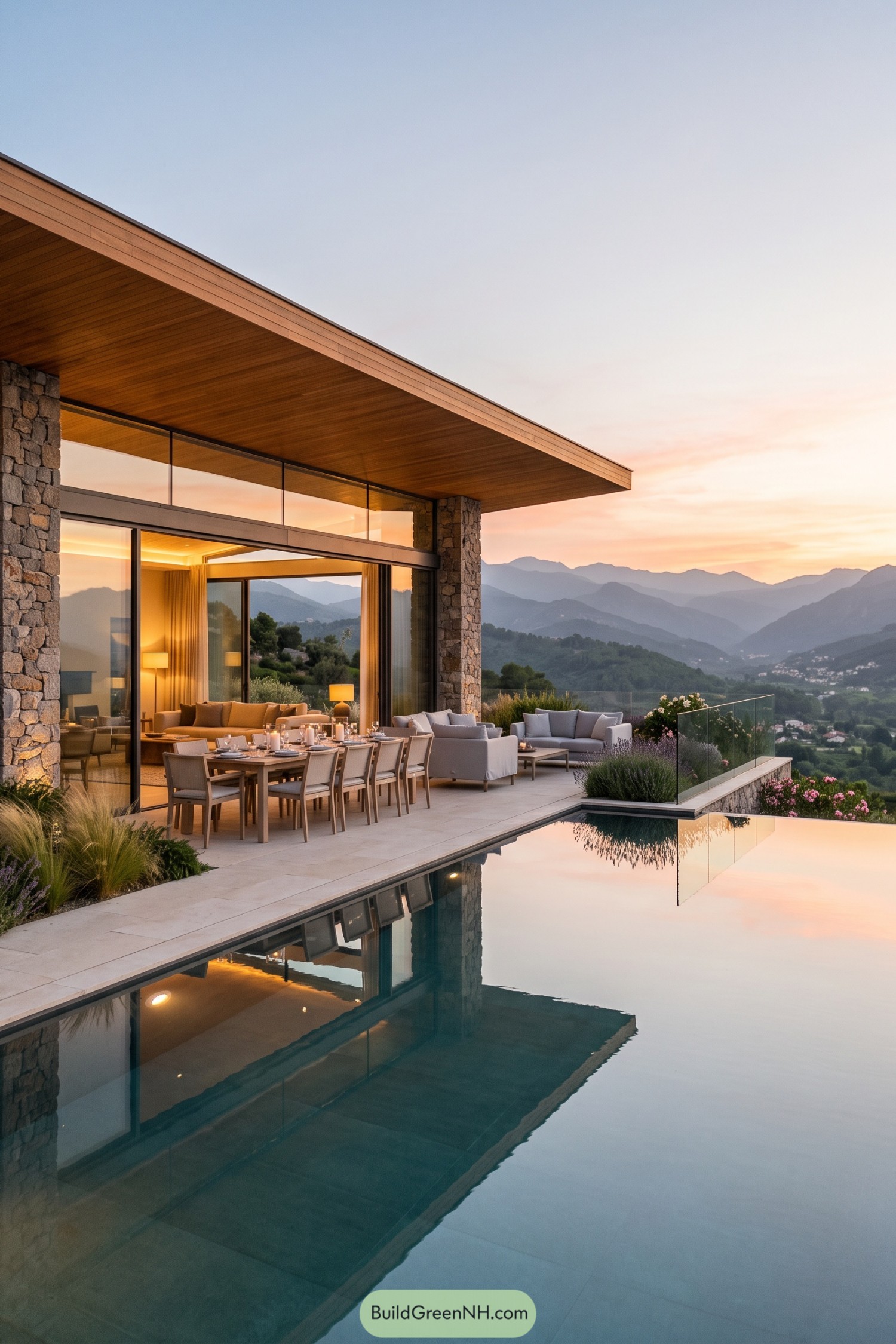 Modern hillside villa with infinity pool and mountain views at sunset