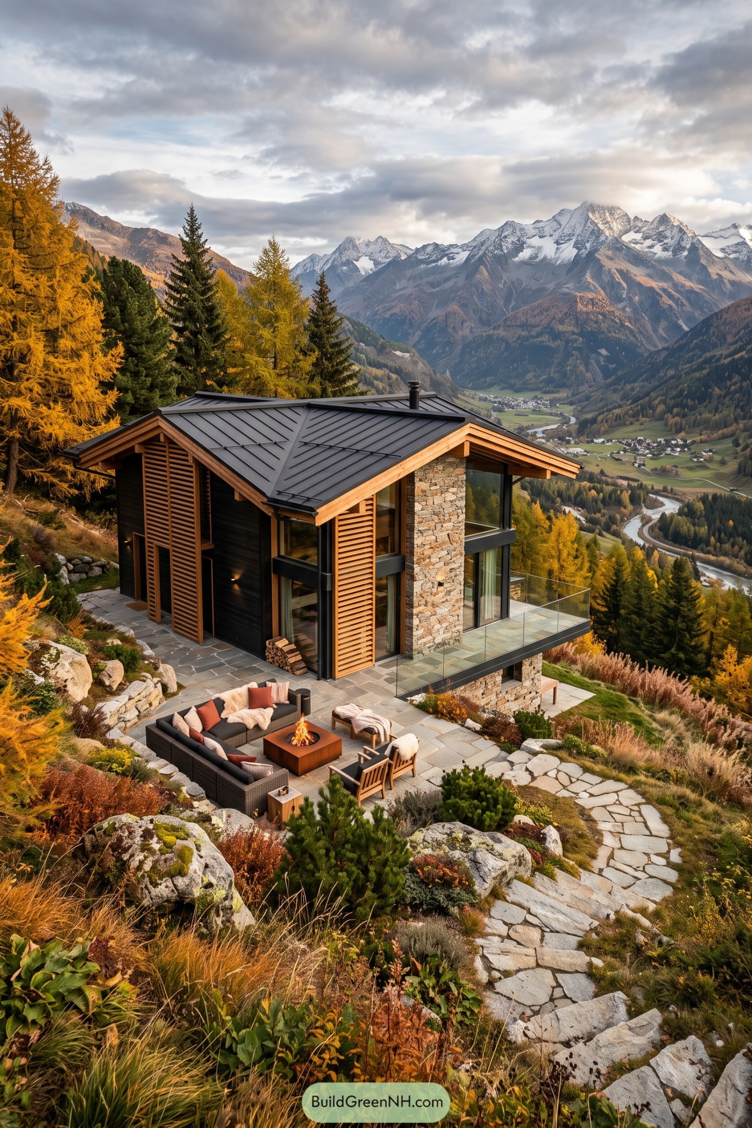 Stone and timber hillside villa with glass balcony and fire pit