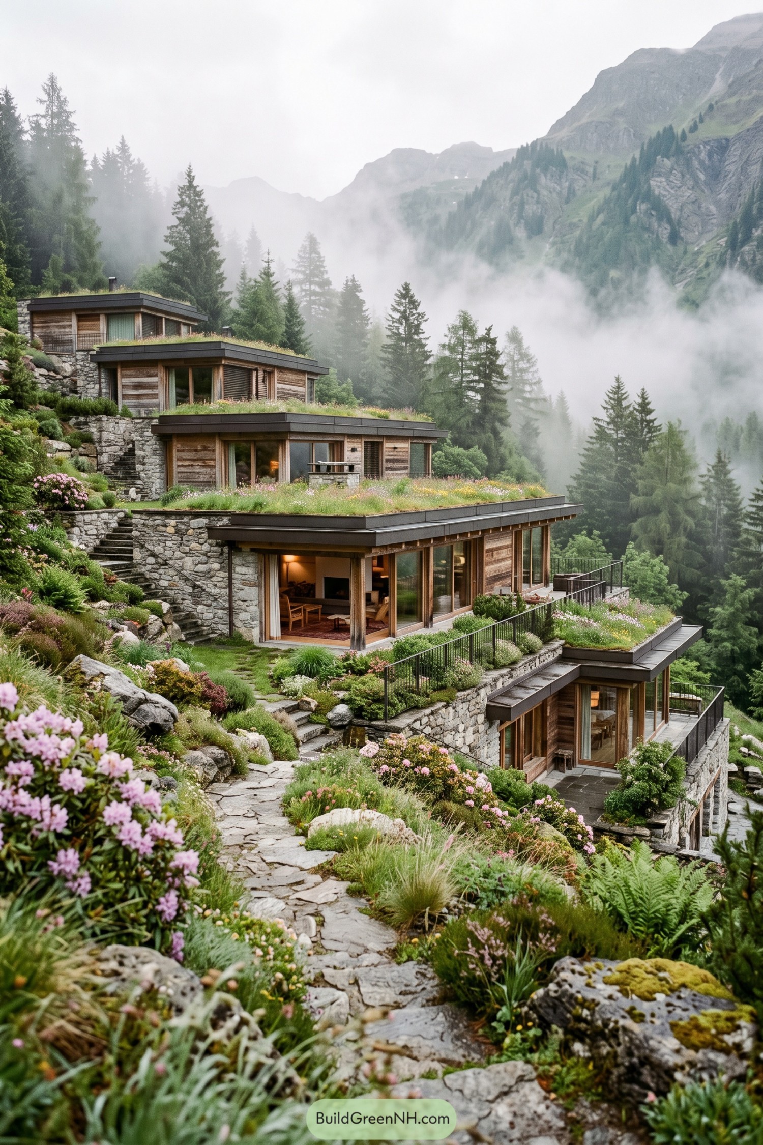 Tiered timber and stone villa on a misty alpine slope