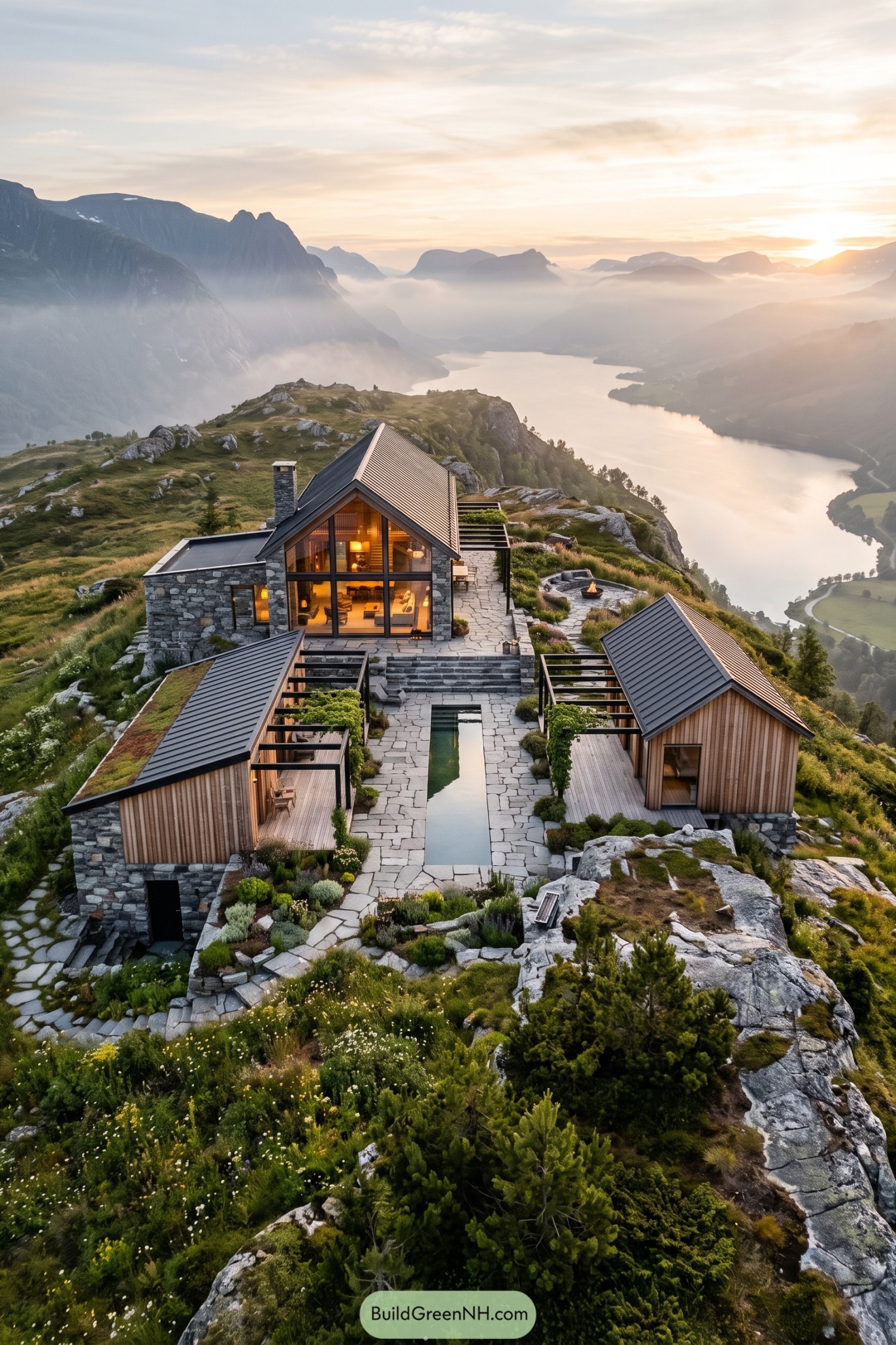 Stone and timber hill villa with courtyard pool above a misty fjord