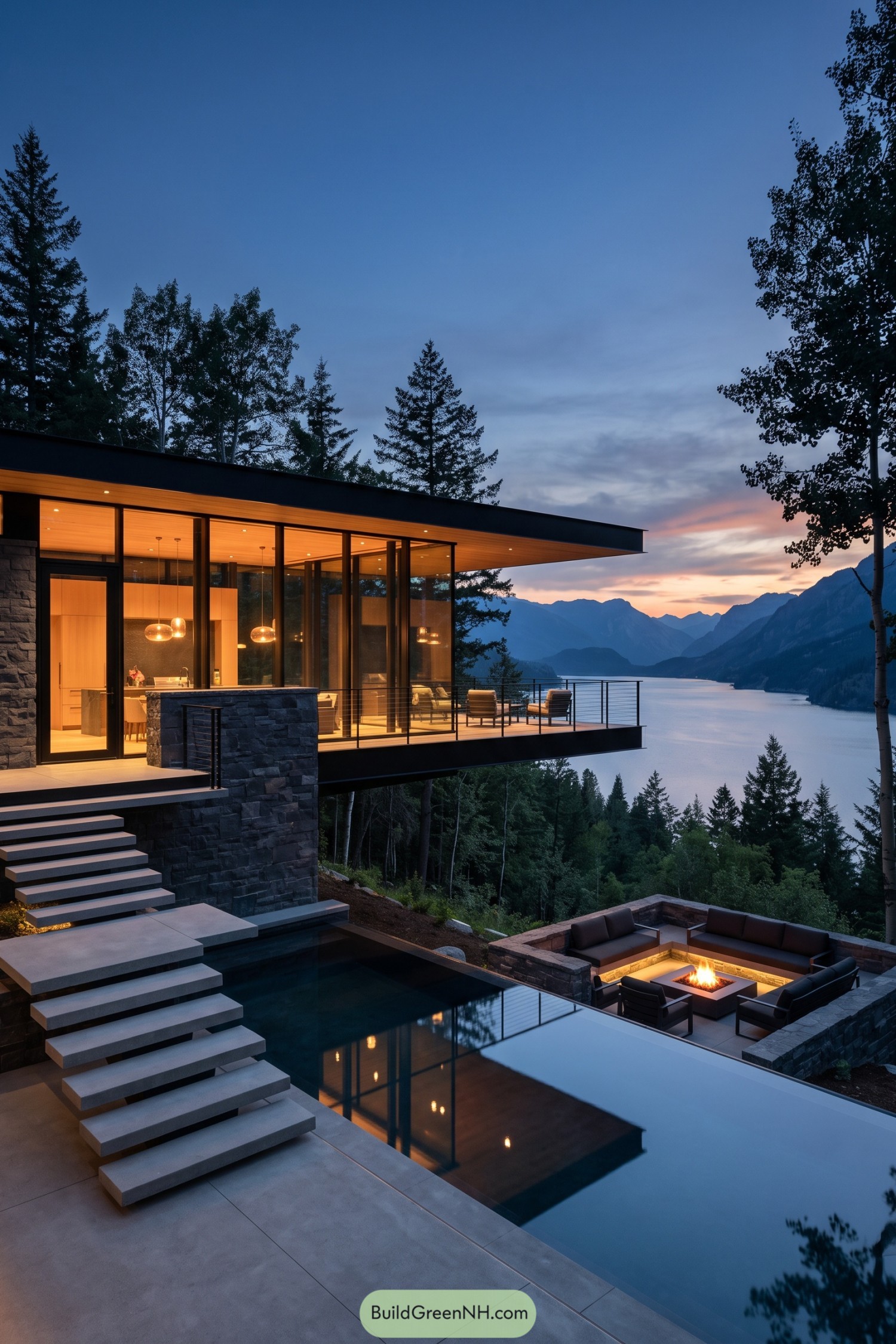 Modern hillside villa with infinity pool overlooking a mountain lake at dusk
