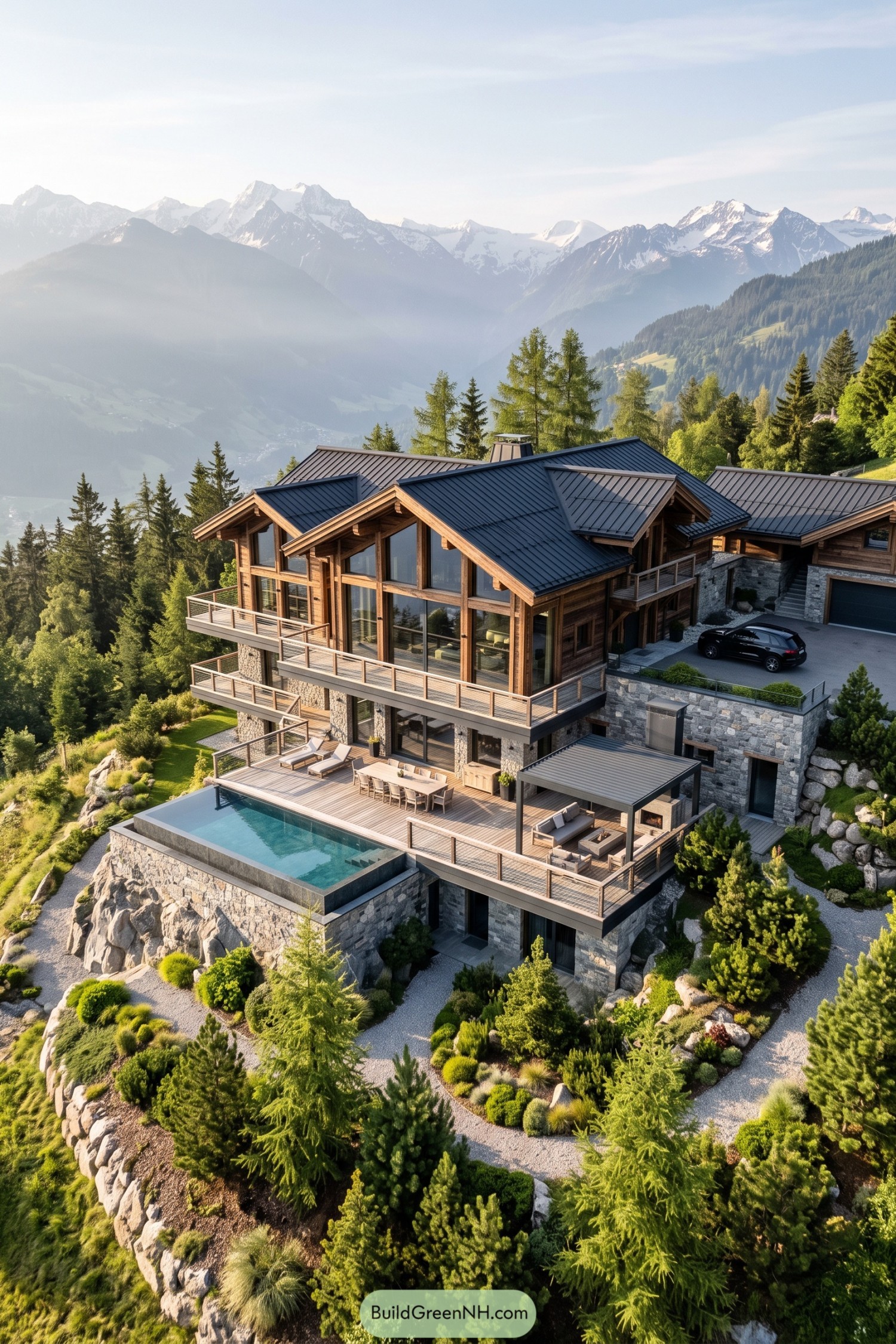 Timber and stone villa with terraces and infinity pool overlooking alpine peaks